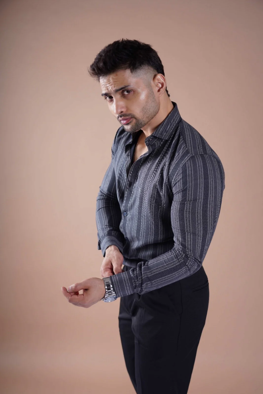 STRIPED LUXE PRINTED SHIRT DARK GREY AND BLACK - Image 4