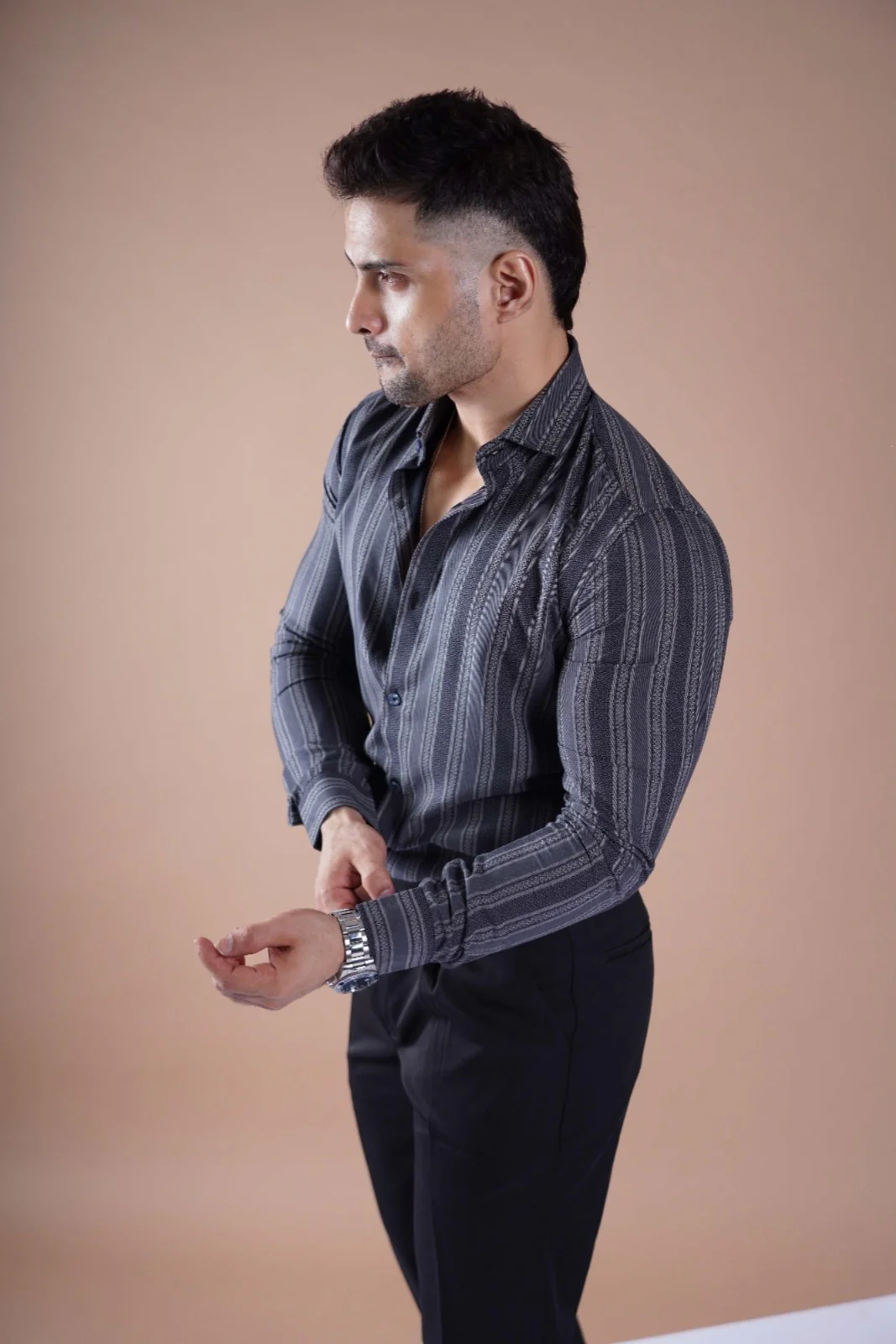 STRIPED LUXE PRINTED SHIRT DARK GREY AND BLACK - Image 5