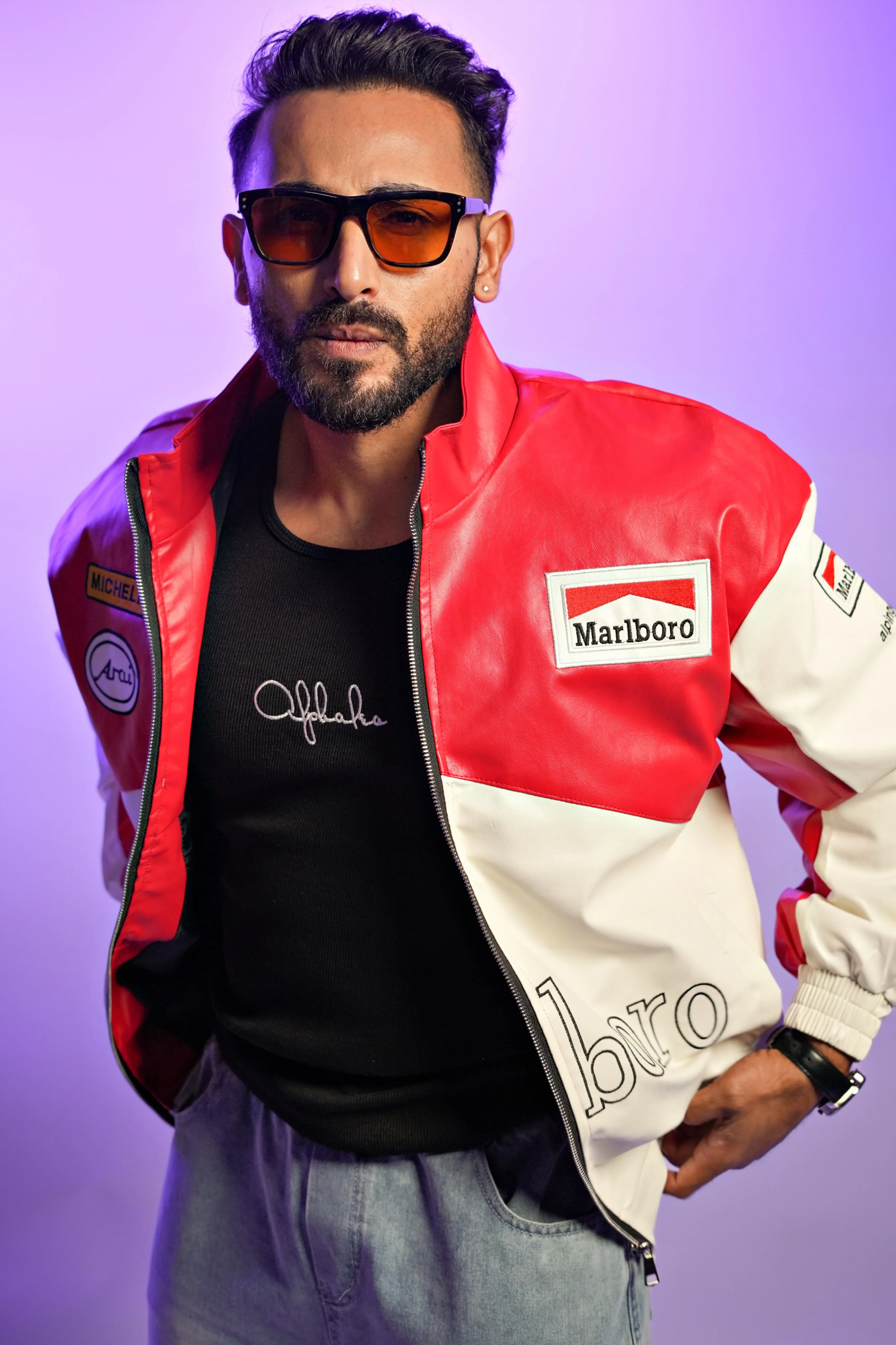 Marlboro Retro Grand Prix Faux leather Embroidered racing Jacket