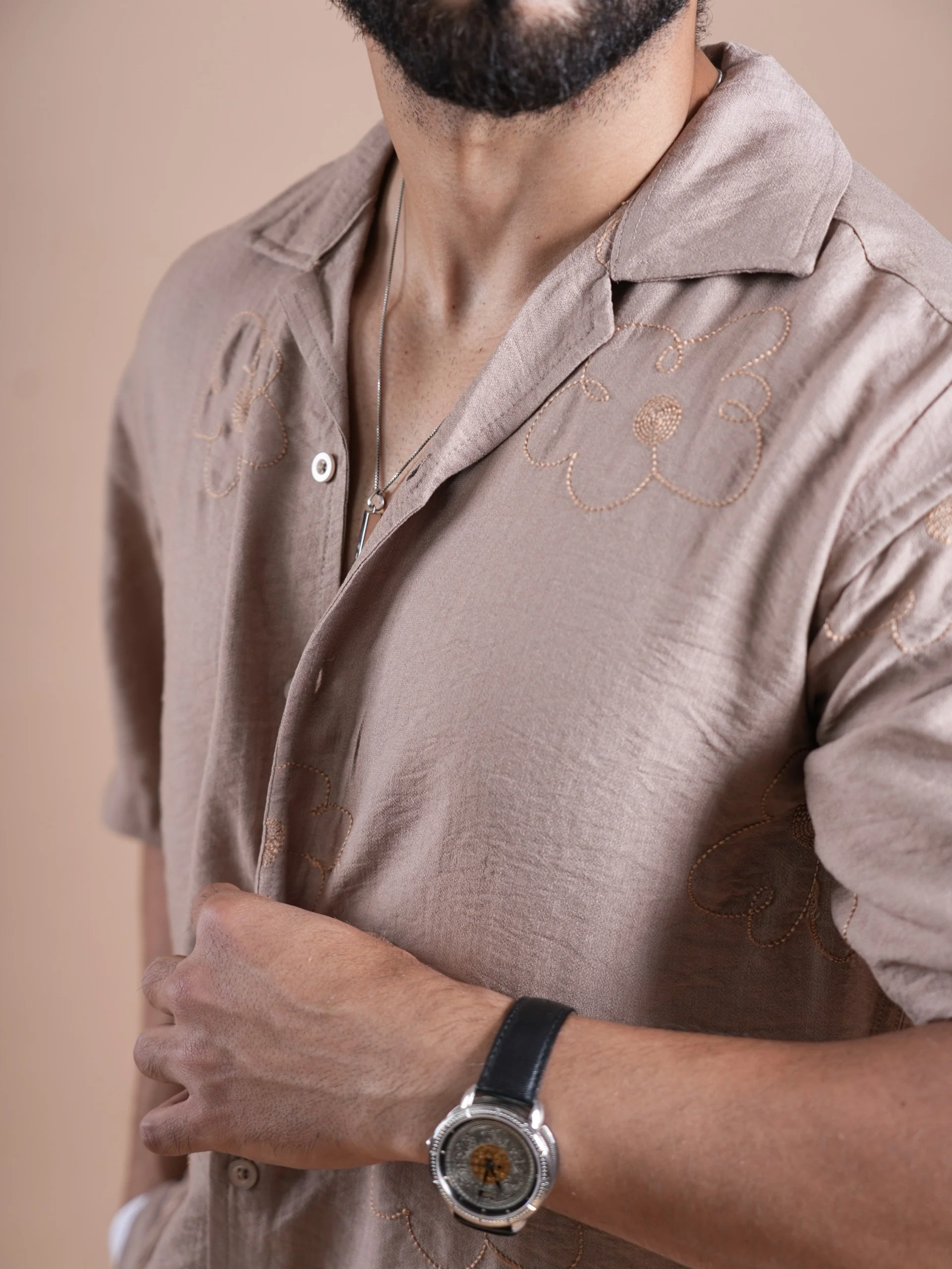 Riviera Half Sleeve Flower Linen Embroidered Shirt Beige FLOWER - Image 3