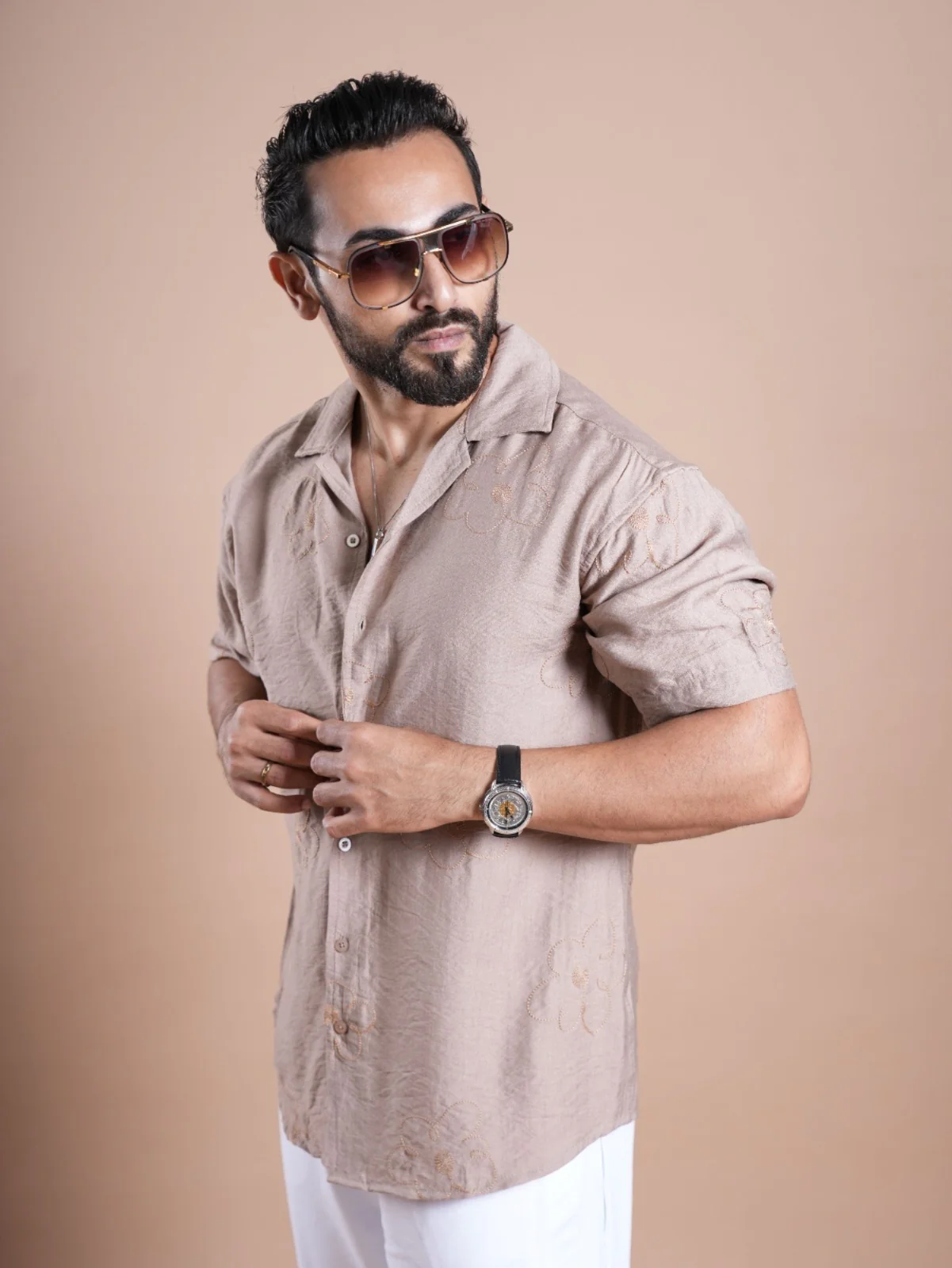 Riviera Half Sleeve Flower Linen Embroidered Shirt Beige FLOWER - Image 5