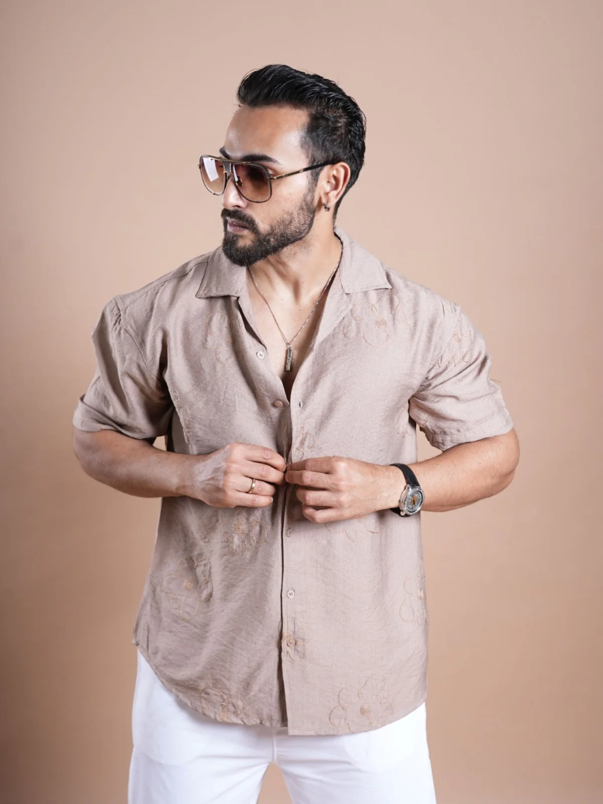 Riviera Half Sleeve Flower Linen Embroidered Shirt Beige FLOWER - Image 7