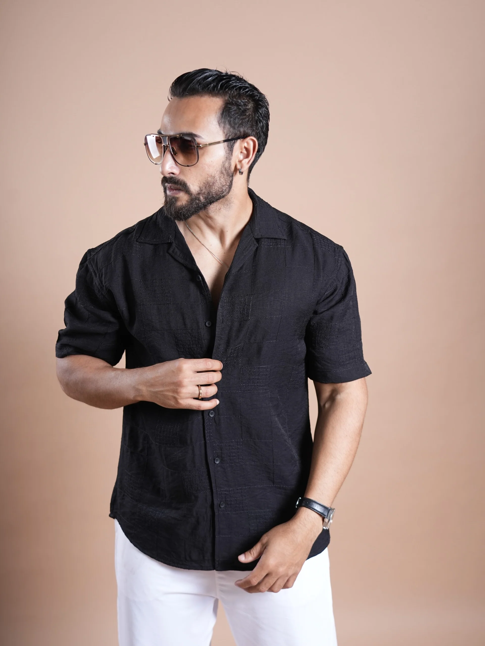 Riviera Half Sleeve Linen Embroidered  Shirt Black SQUARE