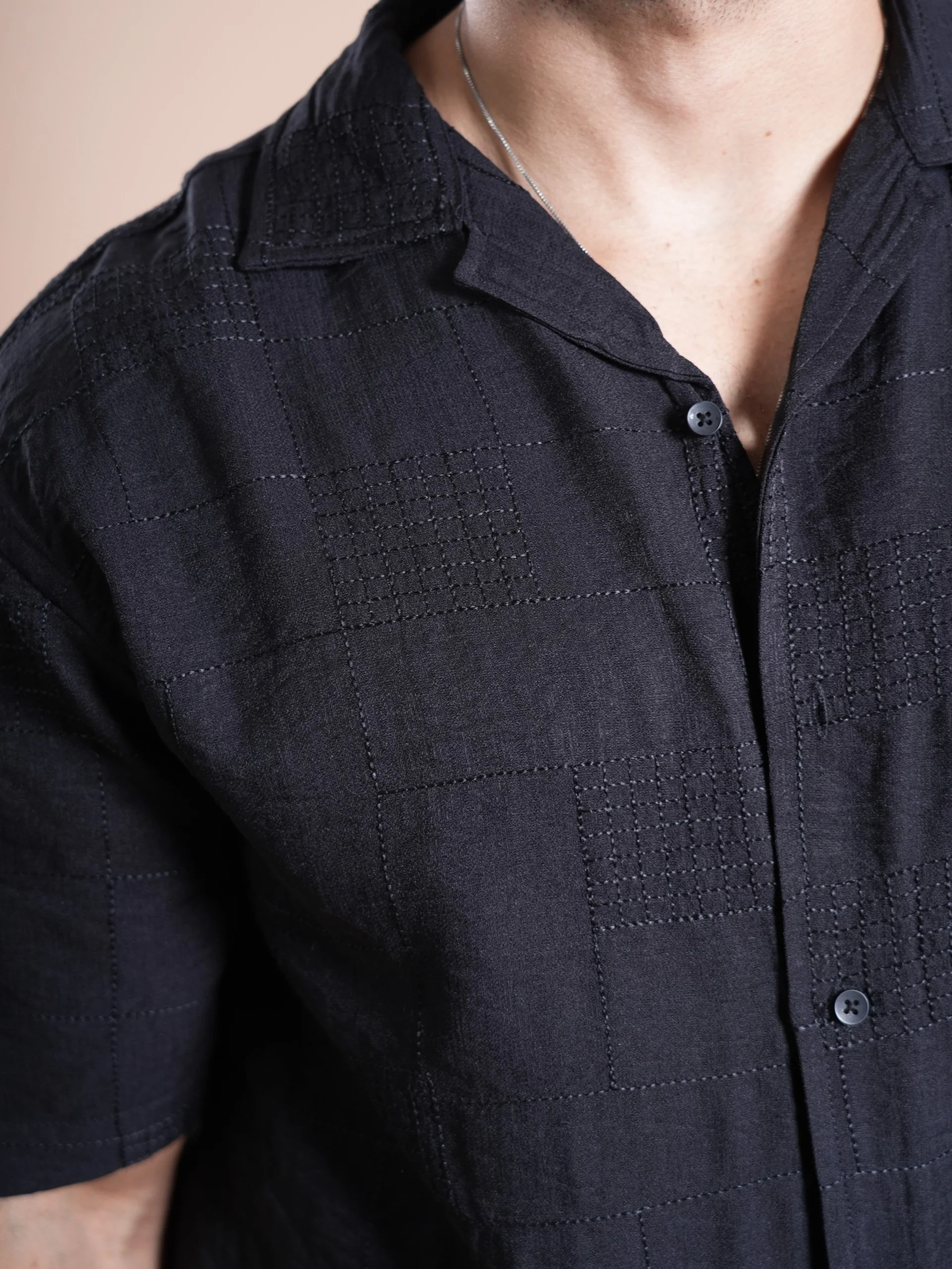 Riviera Half Sleeve Linen Embroidered  Shirt Black SQUARE - Image 2