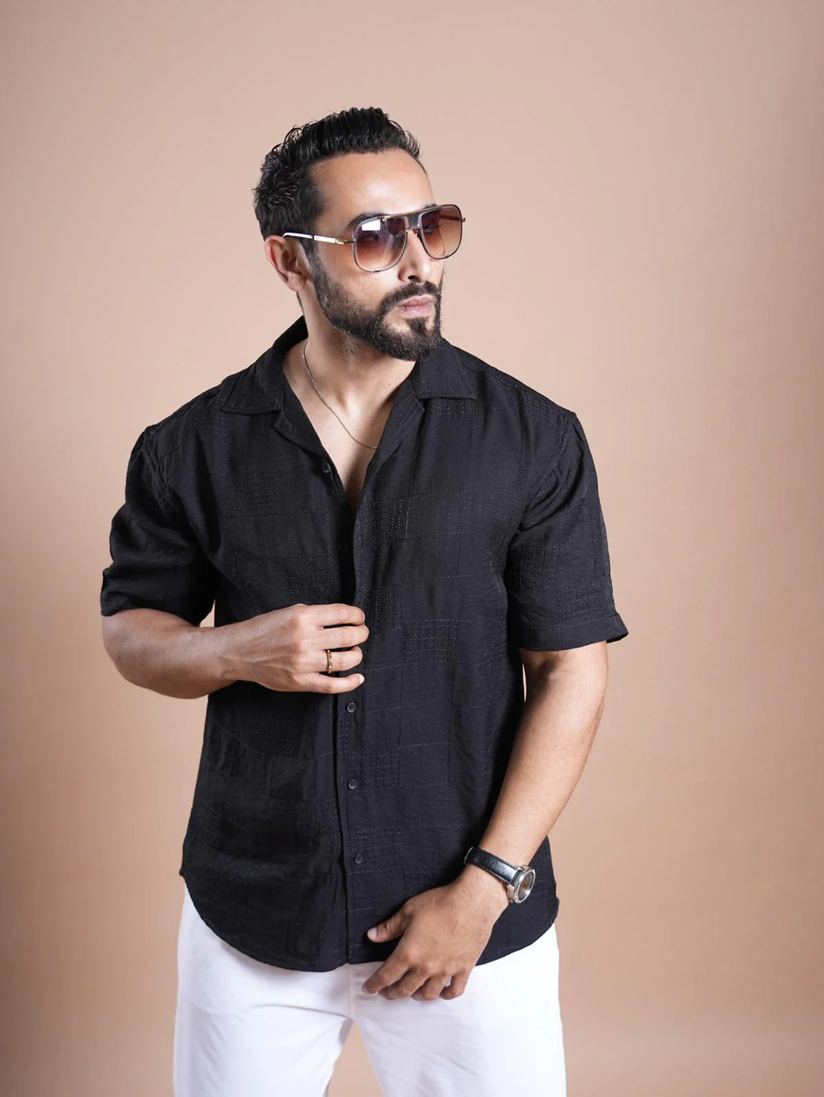 Riviera Half Sleeve Linen Embroidered  Shirt Black SQUARE - Image 3