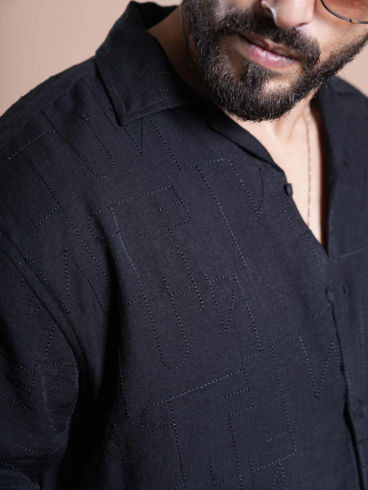 Riviera Half Sleeve Linen Embroidered  Shirt Black SQUARE - Image 4