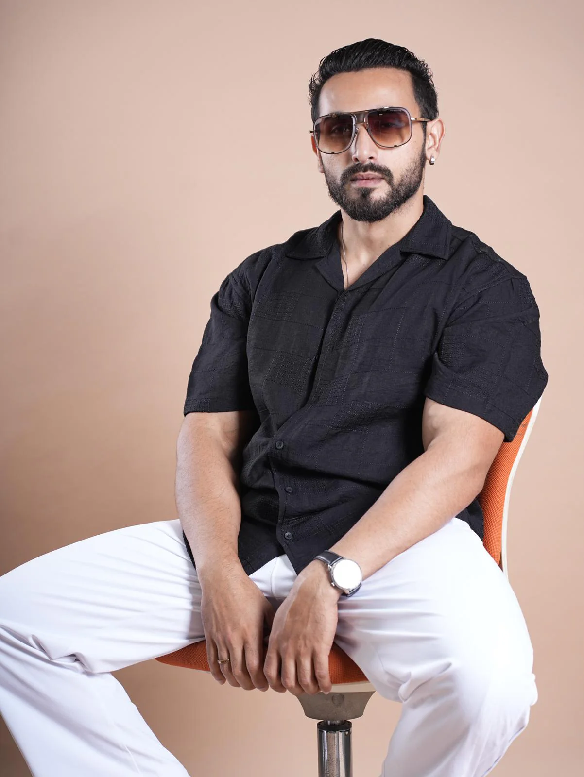 Riviera Half Sleeve Linen Embroidered  Shirt Black SQUARE - Image 6