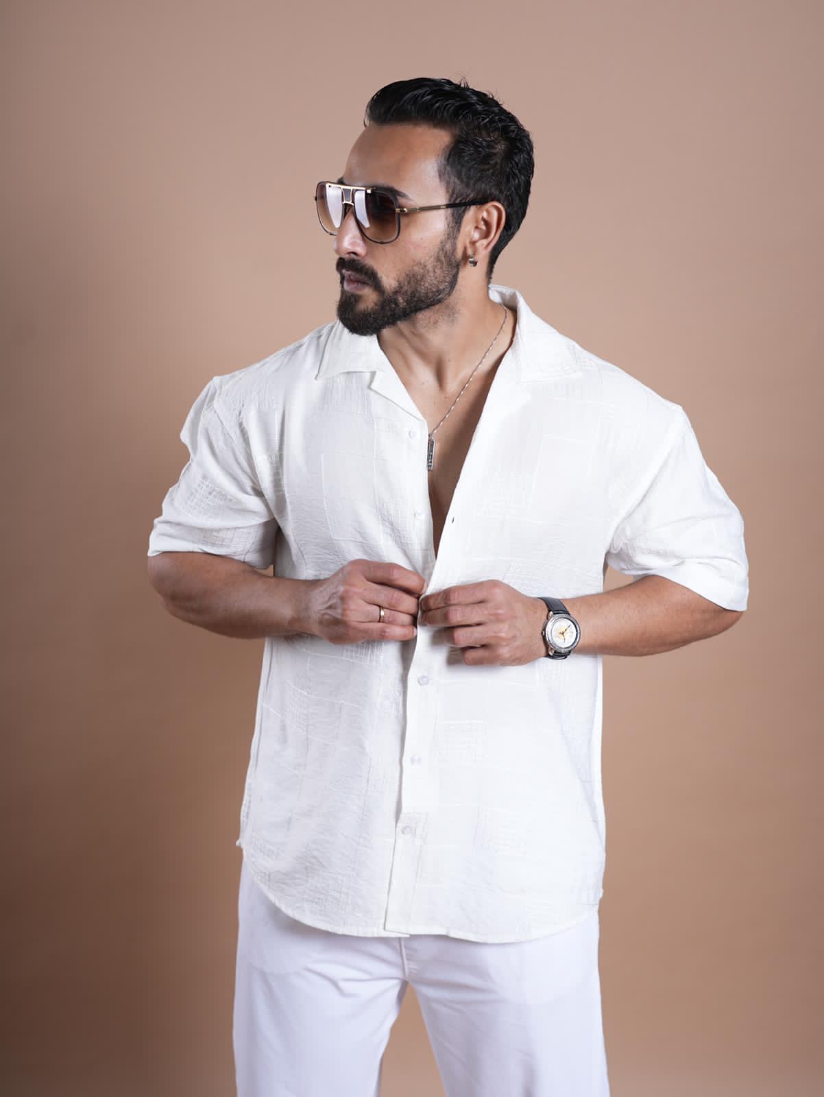 Riviera Half Sleeve Linen Embroidered Shirt white SQUARE
