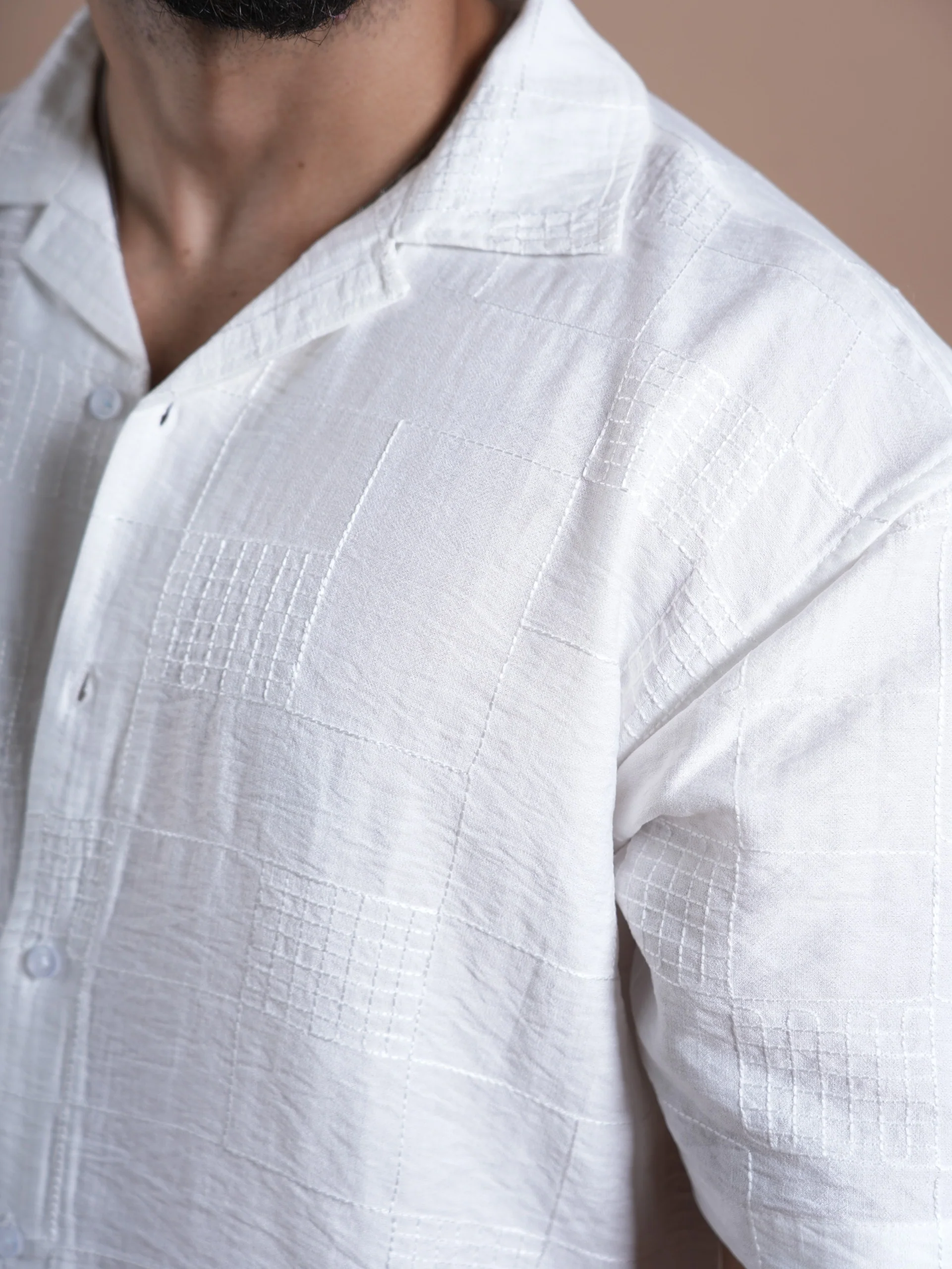 Riviera Half Sleeve Linen Embroidered Shirt white SQUARE - Image 4