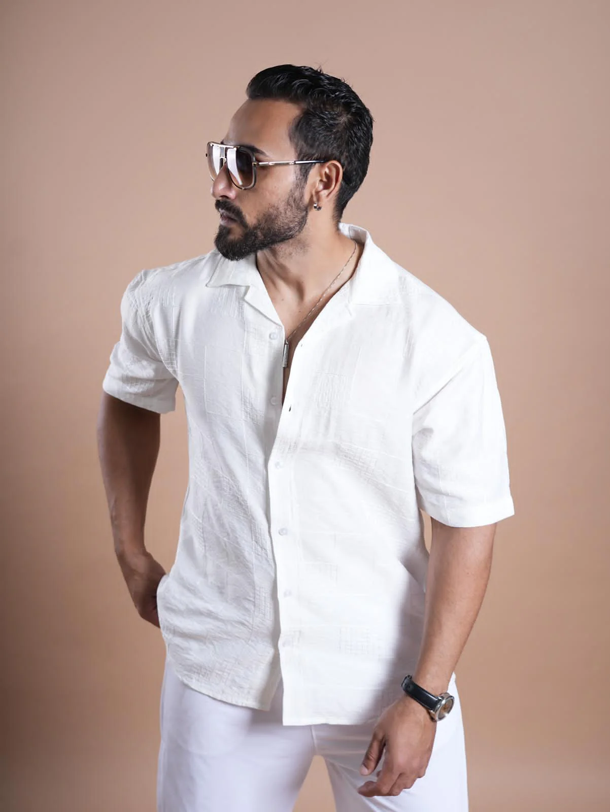 Riviera Half Sleeve Linen Embroidered Shirt white SQUARE - Image 5