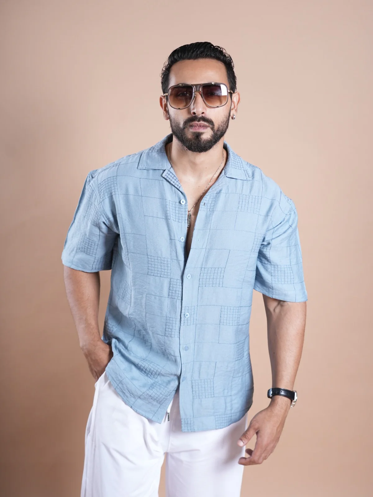 Riviera Half Sleeve Linen Embroidered Shirt Light Blue SQUARE