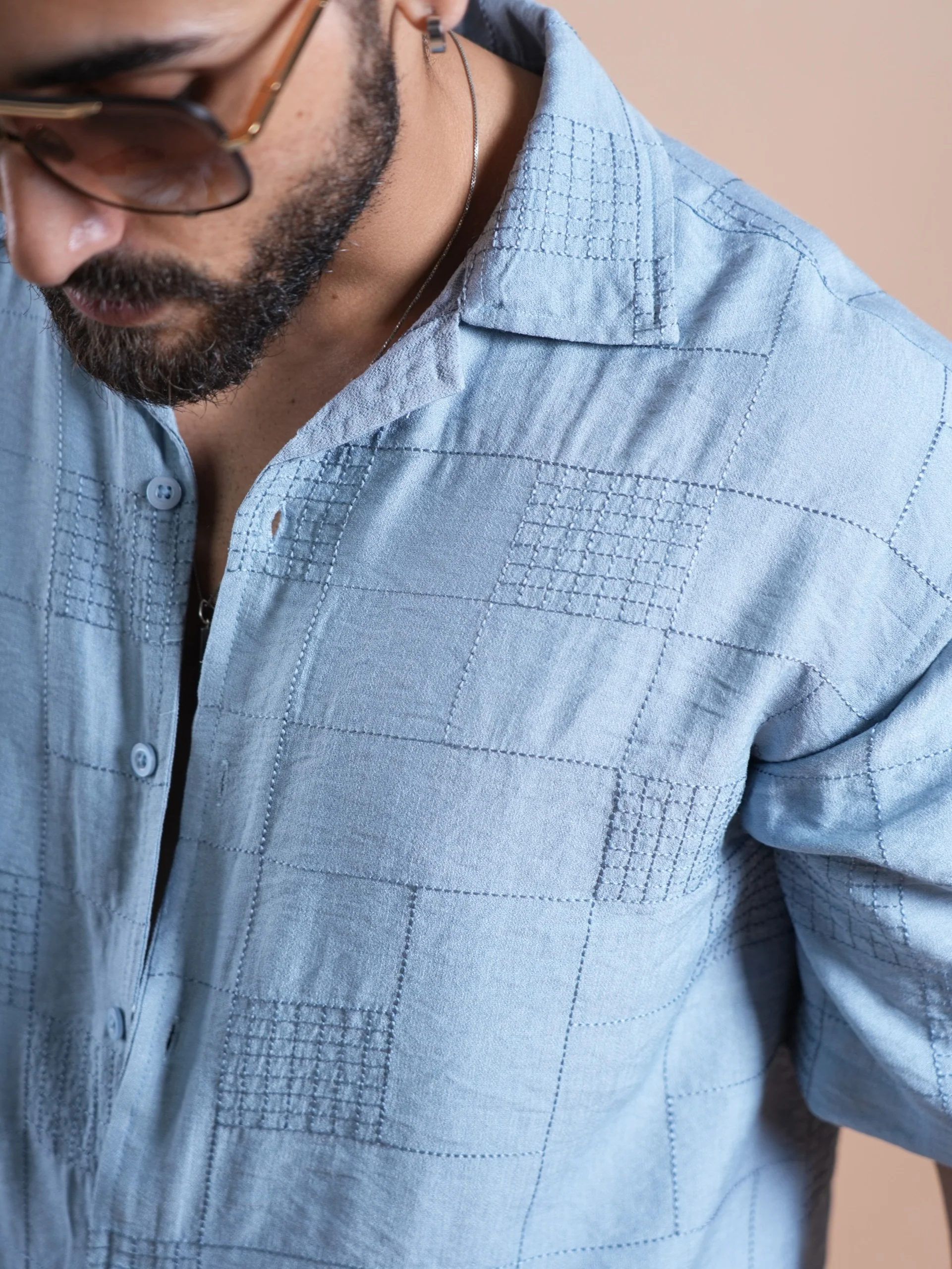 Riviera Half Sleeve Linen Embroidered Shirt Light Blue SQUARE - Image 2