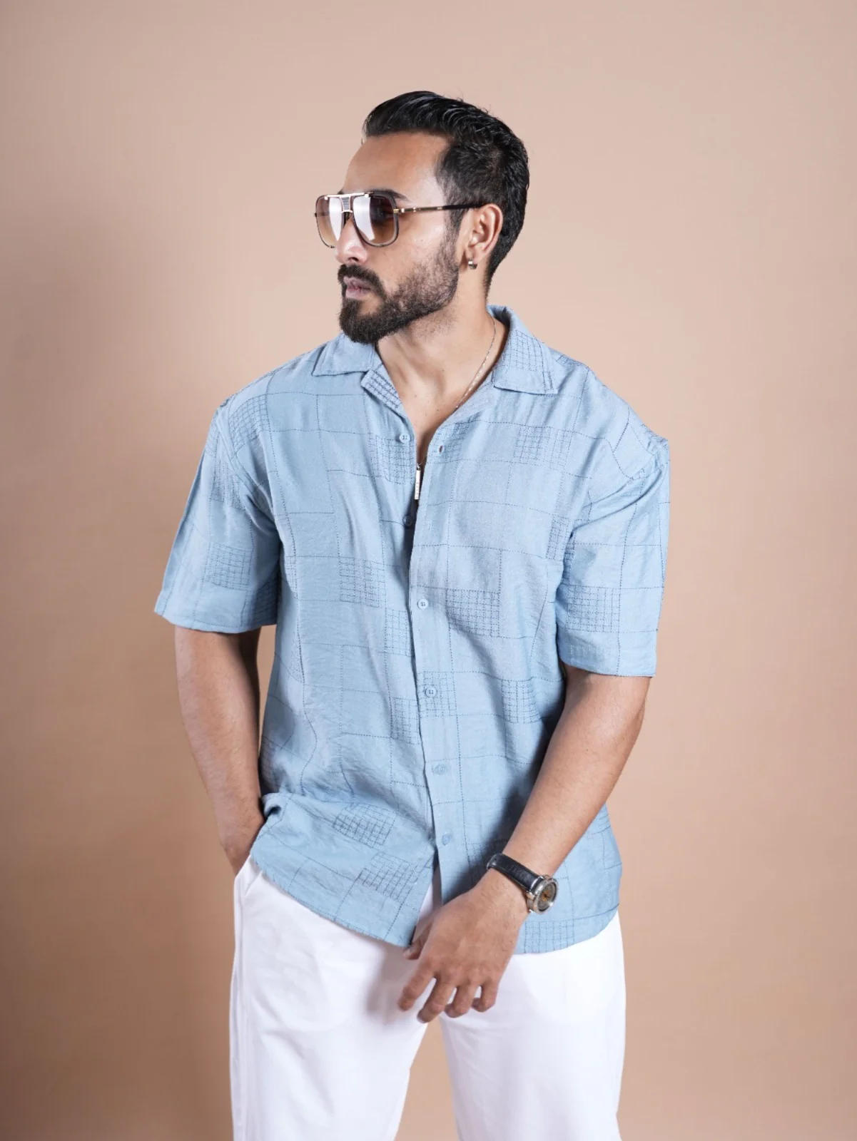 Riviera Half Sleeve Linen Embroidered Shirt Light Blue SQUARE - Image 3