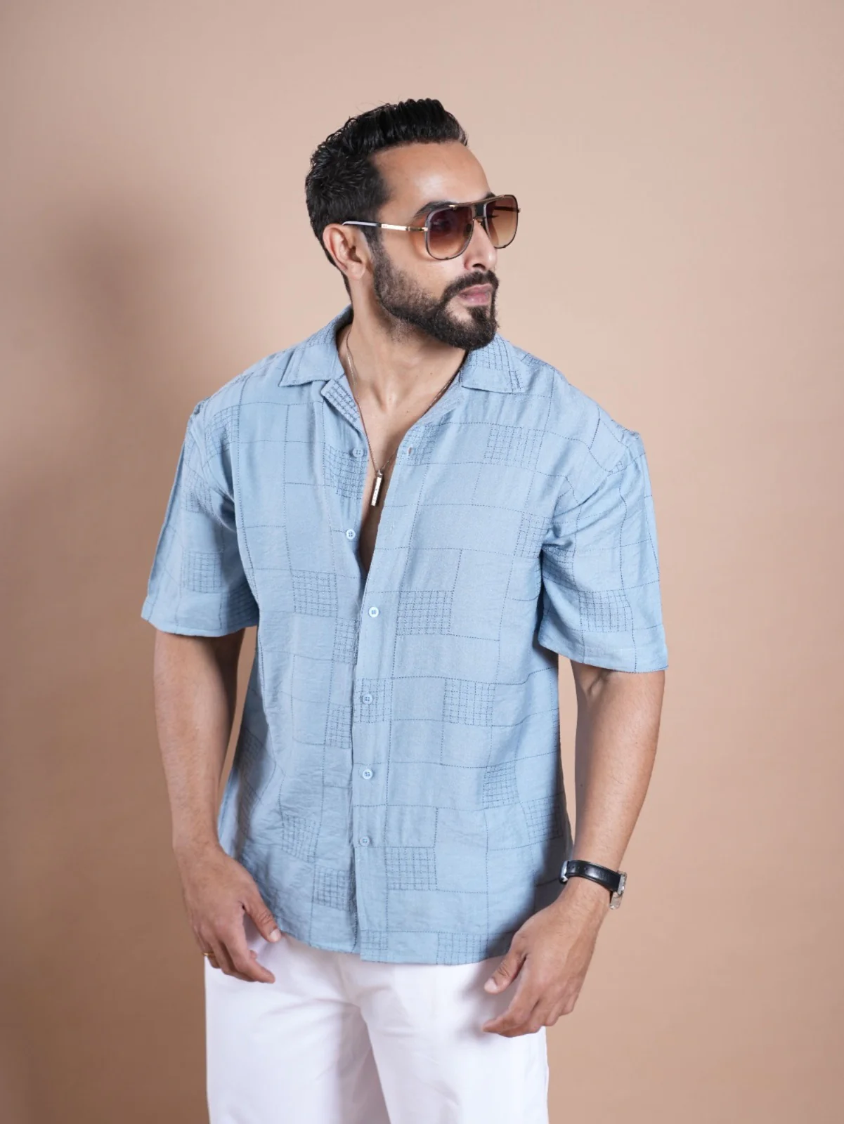 Riviera Half Sleeve Linen Embroidered Shirt Light Blue SQUARE - Image 4