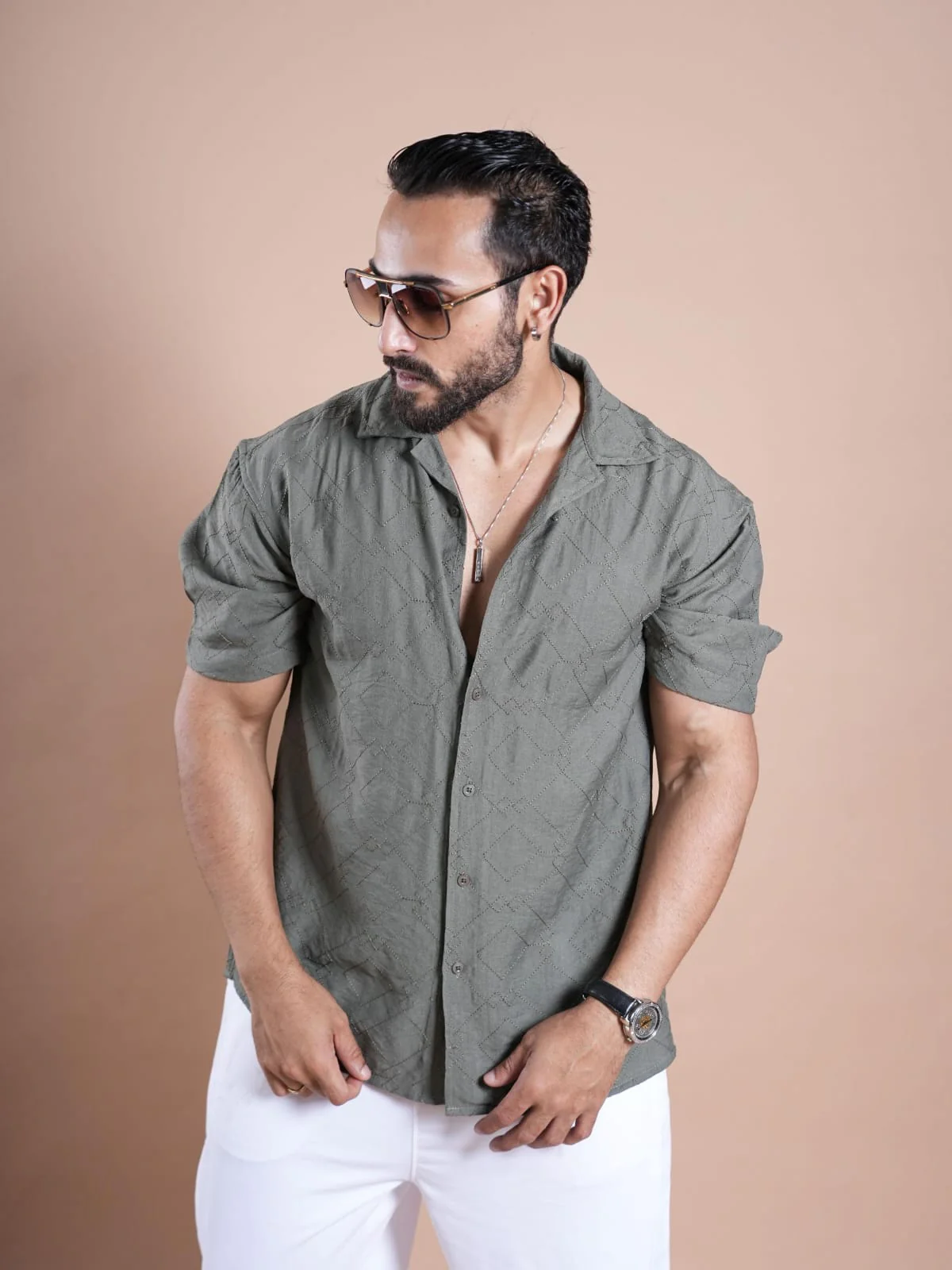 Riviera Half Sleeve Linen Embroidered Shirt Olive green ZIG ZAG - Image 2