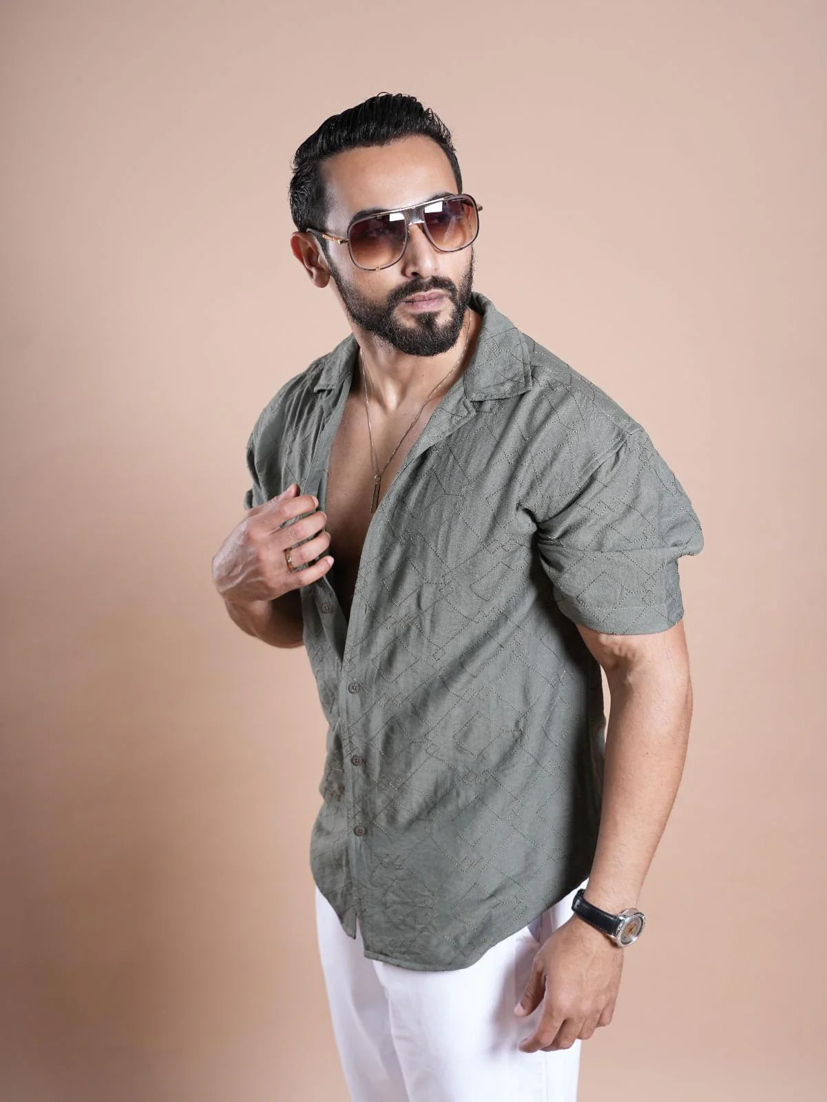 Riviera Half Sleeve Linen Embroidered Shirt Olive green ZIG ZAG - Image 6