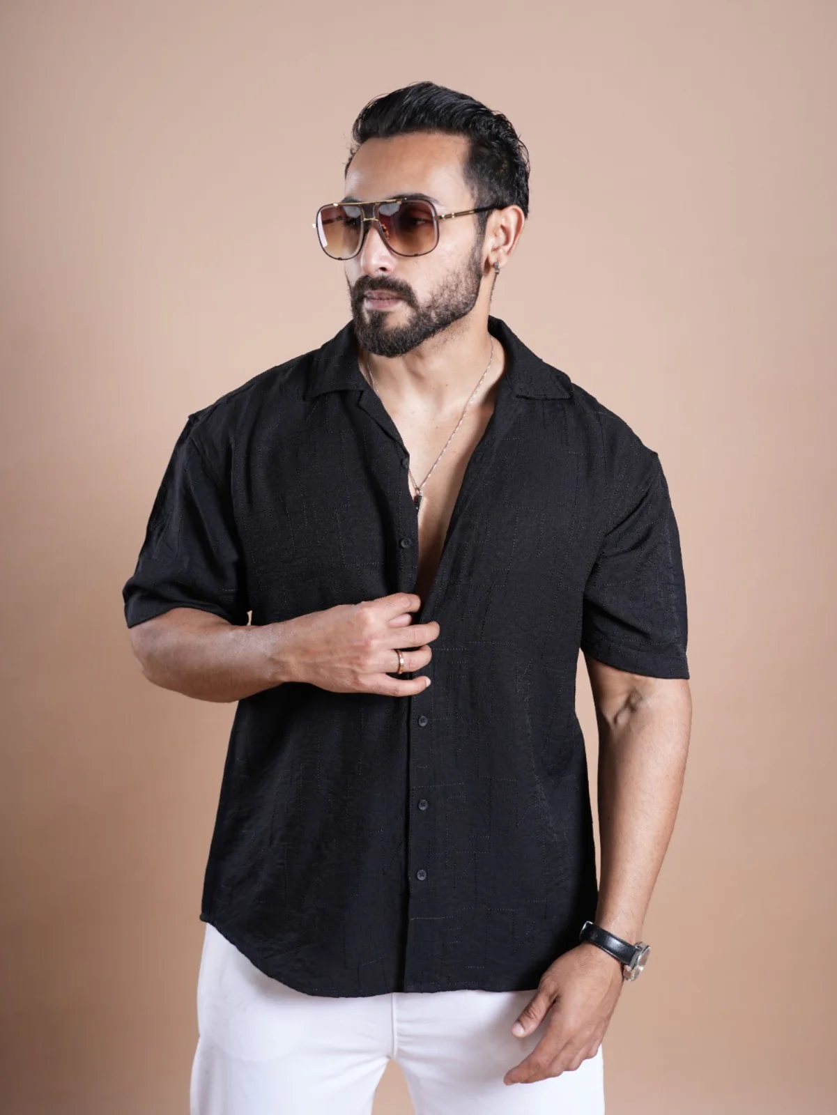Riviera Half Sleeve Linen Embroidered Shirt Black ZIG ZAG - Image 2
