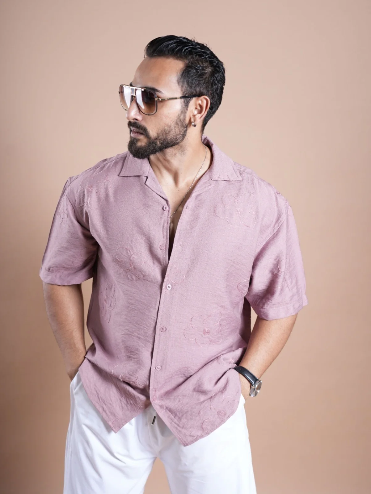 Riviera Half Sleeve Flower Linen Embroidered Shirt FLOWER