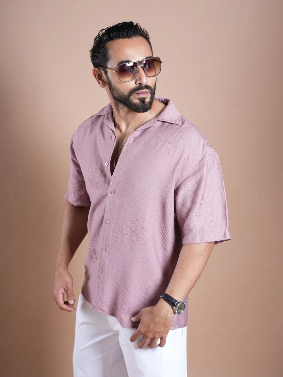 Riviera Half Sleeve Flower Linen Embroidered Shirt FLOWER - Image 2