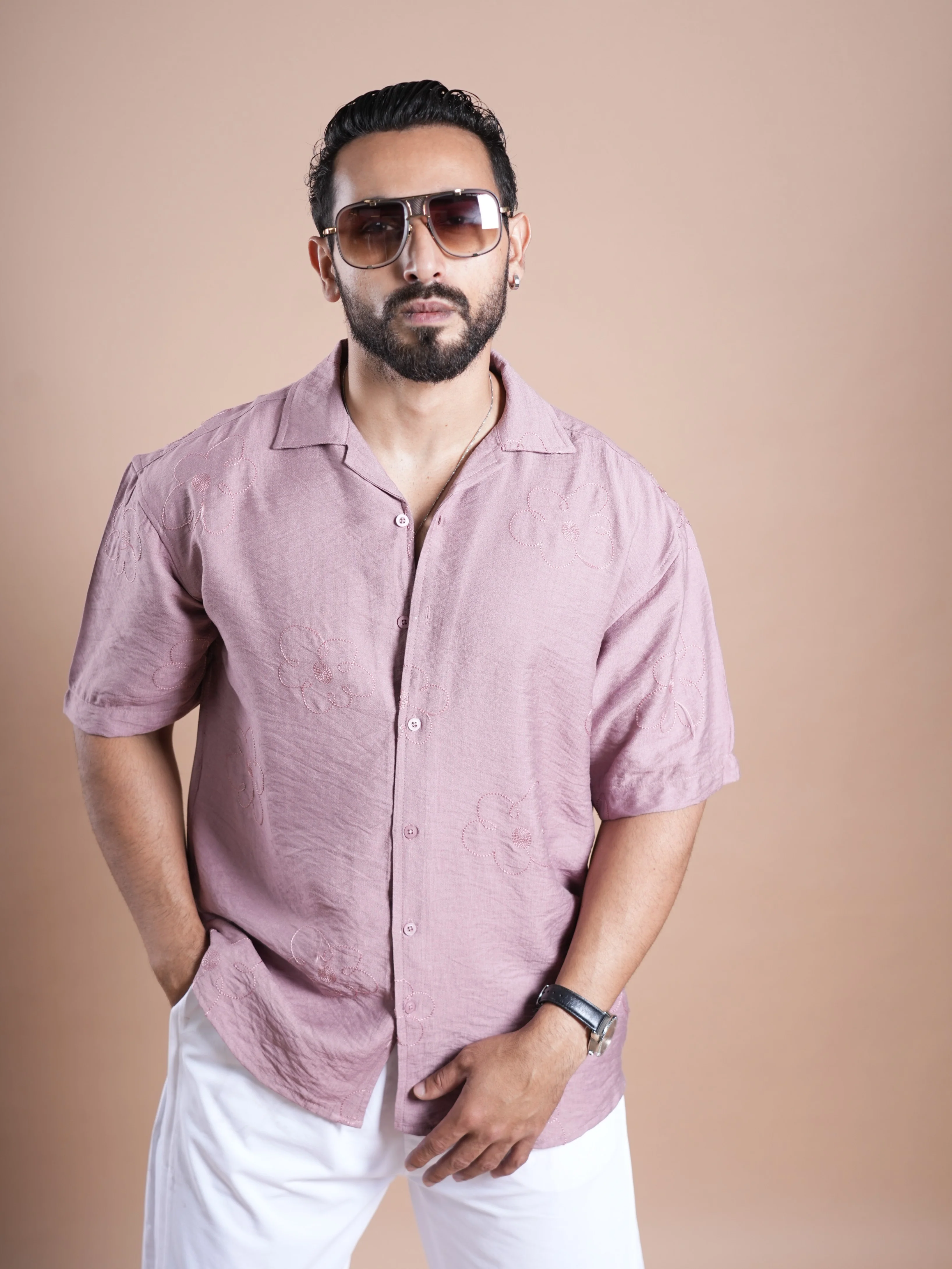Riviera Half Sleeve Flower Linen Embroidered Shirt FLOWER - Image 3
