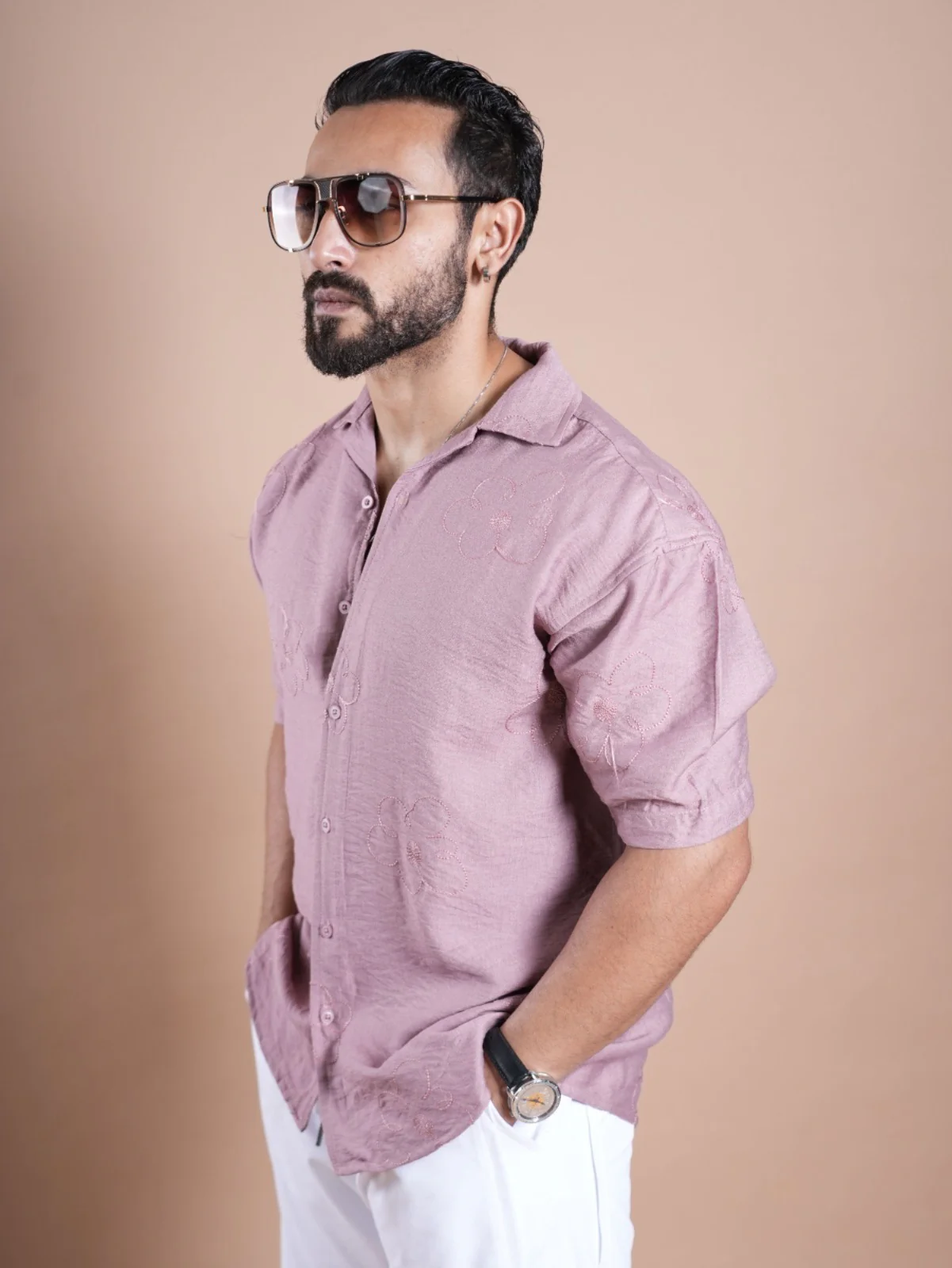 Riviera Half Sleeve Flower Linen Embroidered Shirt FLOWER - Image 6