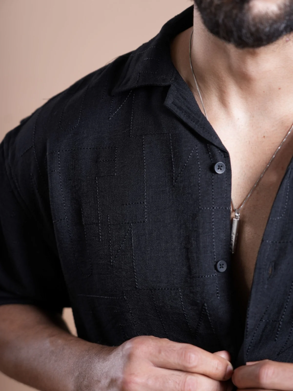 Riviera Half Sleeve Linen Embroidered Shirt Black ZIG ZAG - Image 4