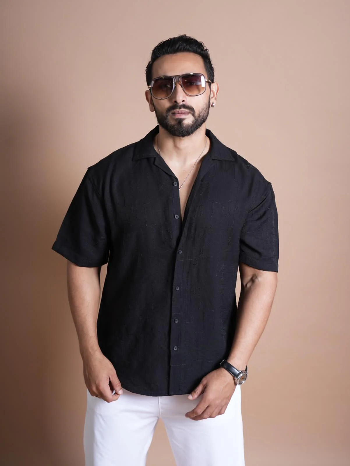 Riviera Half Sleeve Linen Embroidered Shirt Black ZIG ZAG - Image 5