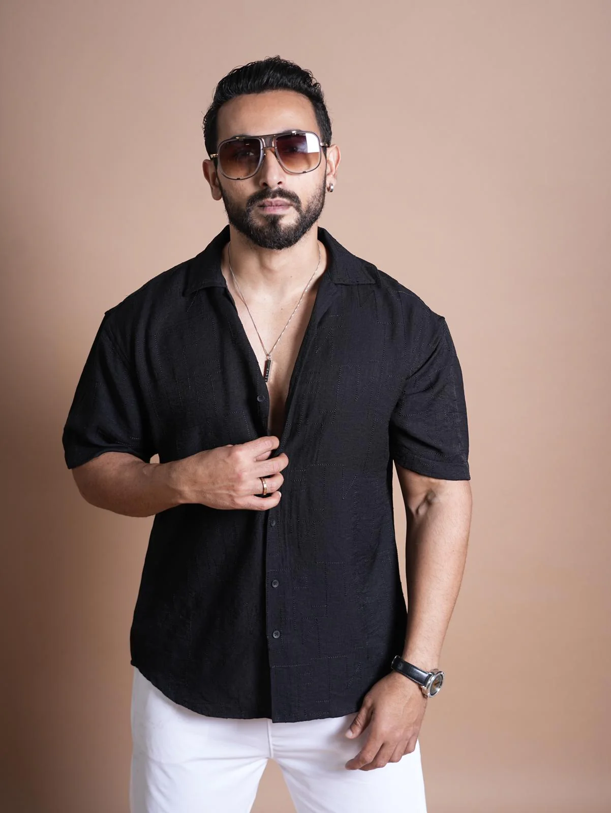 Riviera Half Sleeve Linen Embroidered Shirt Black ZIG ZAG - Image 6