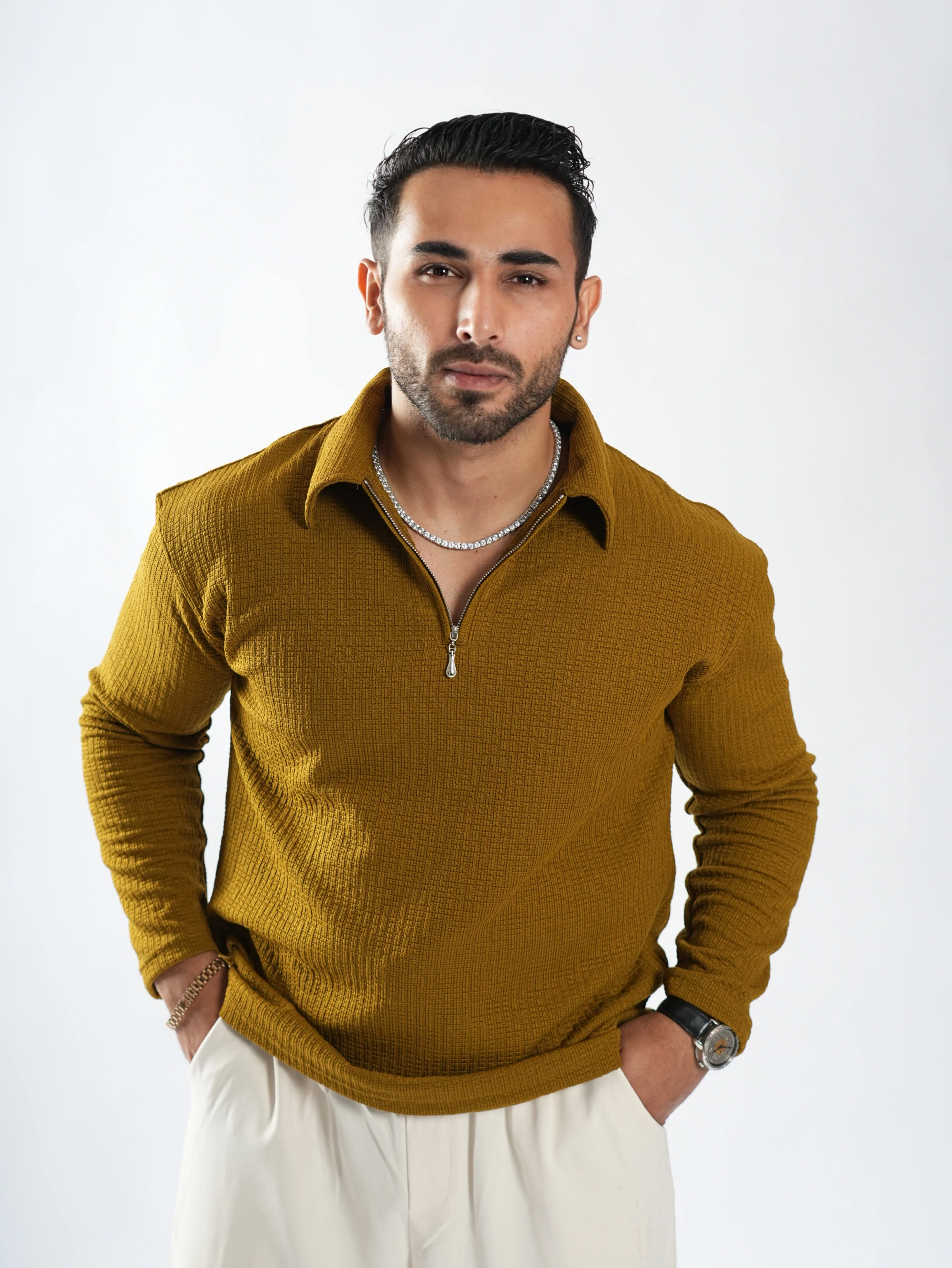 Riviera jacquard knitted Zipper Long sleeve Polo - Image 11