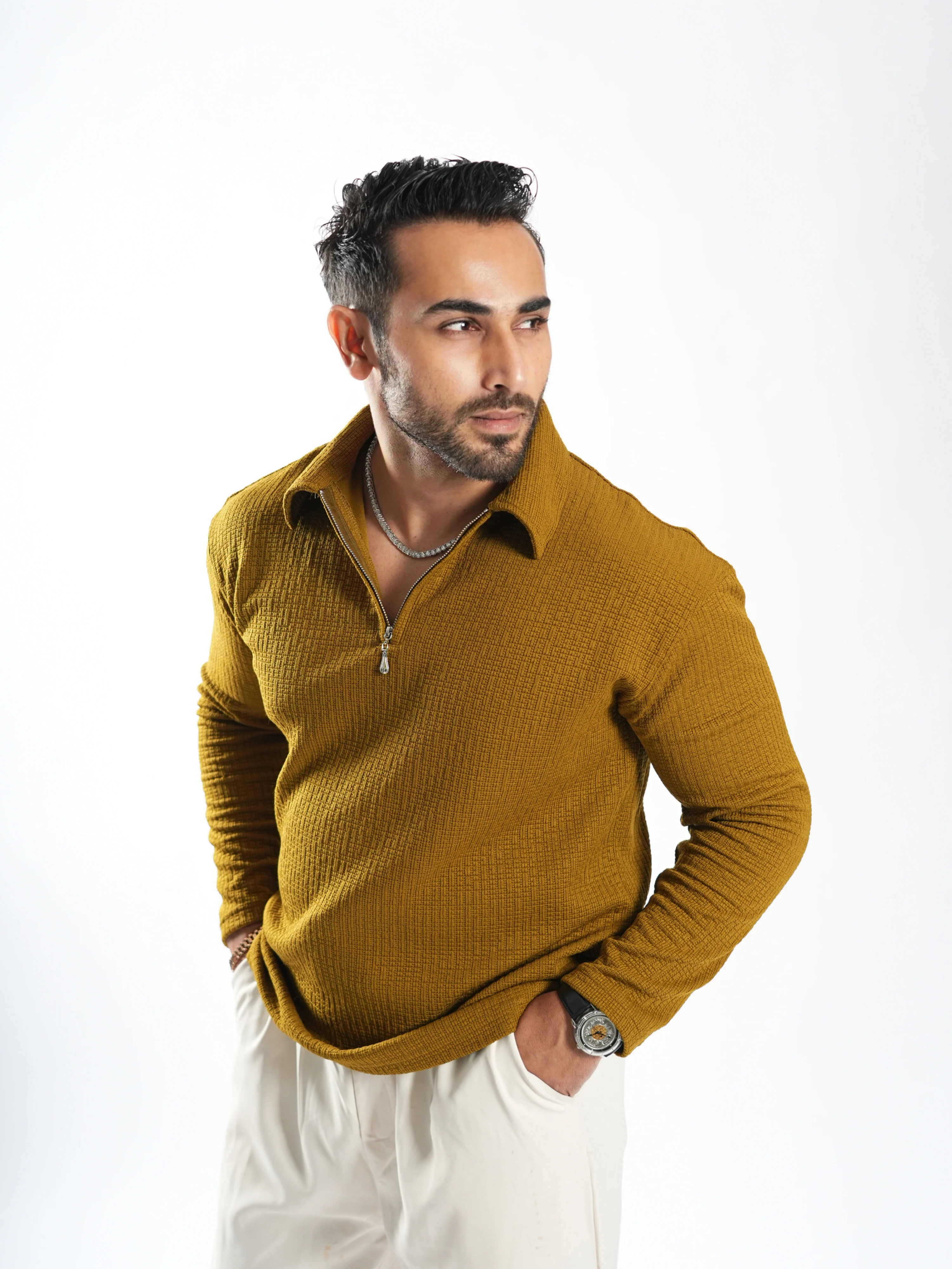 Riviera jacquard knitted Zipper Long sleeve Polo - Image 12
