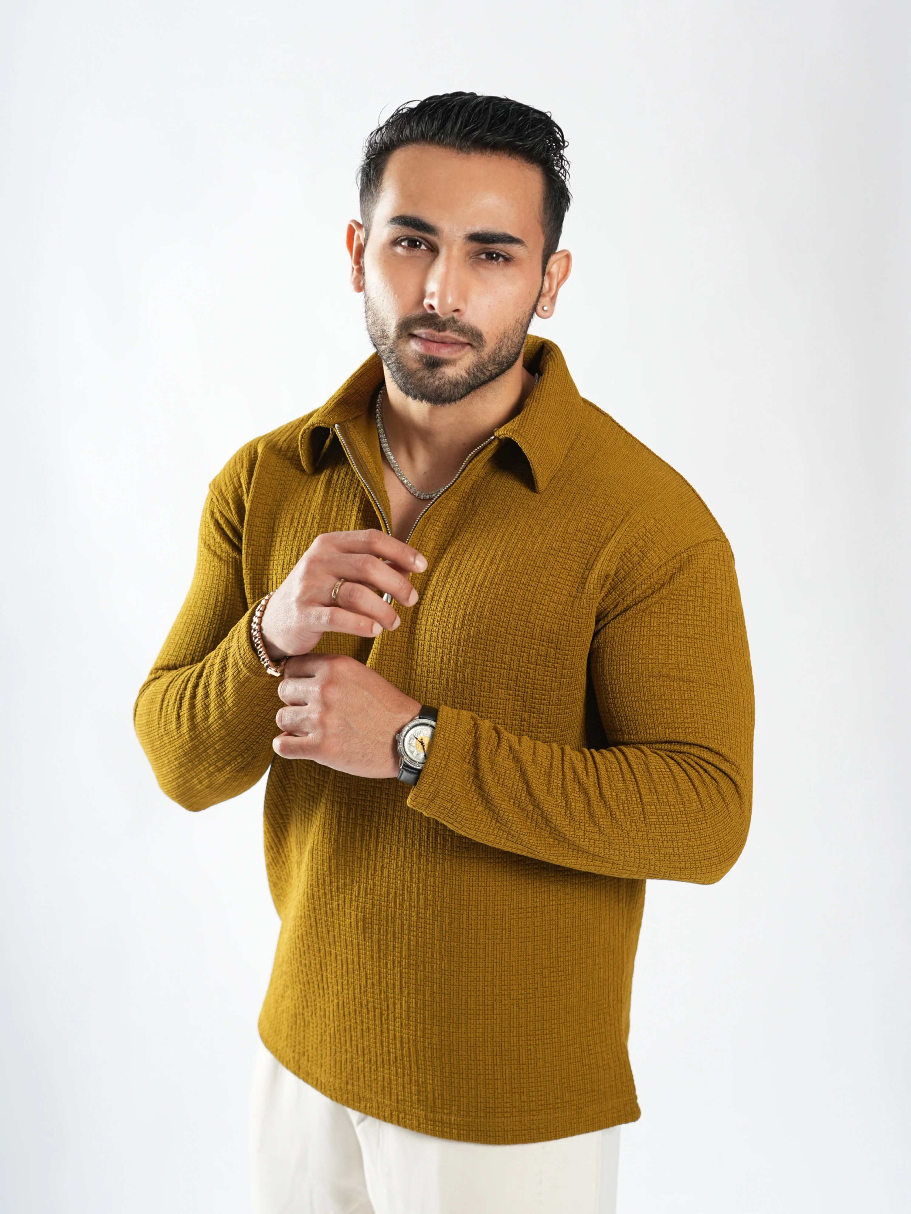 Riviera jacquard knitted Zipper Long sleeve Polo - Image 13