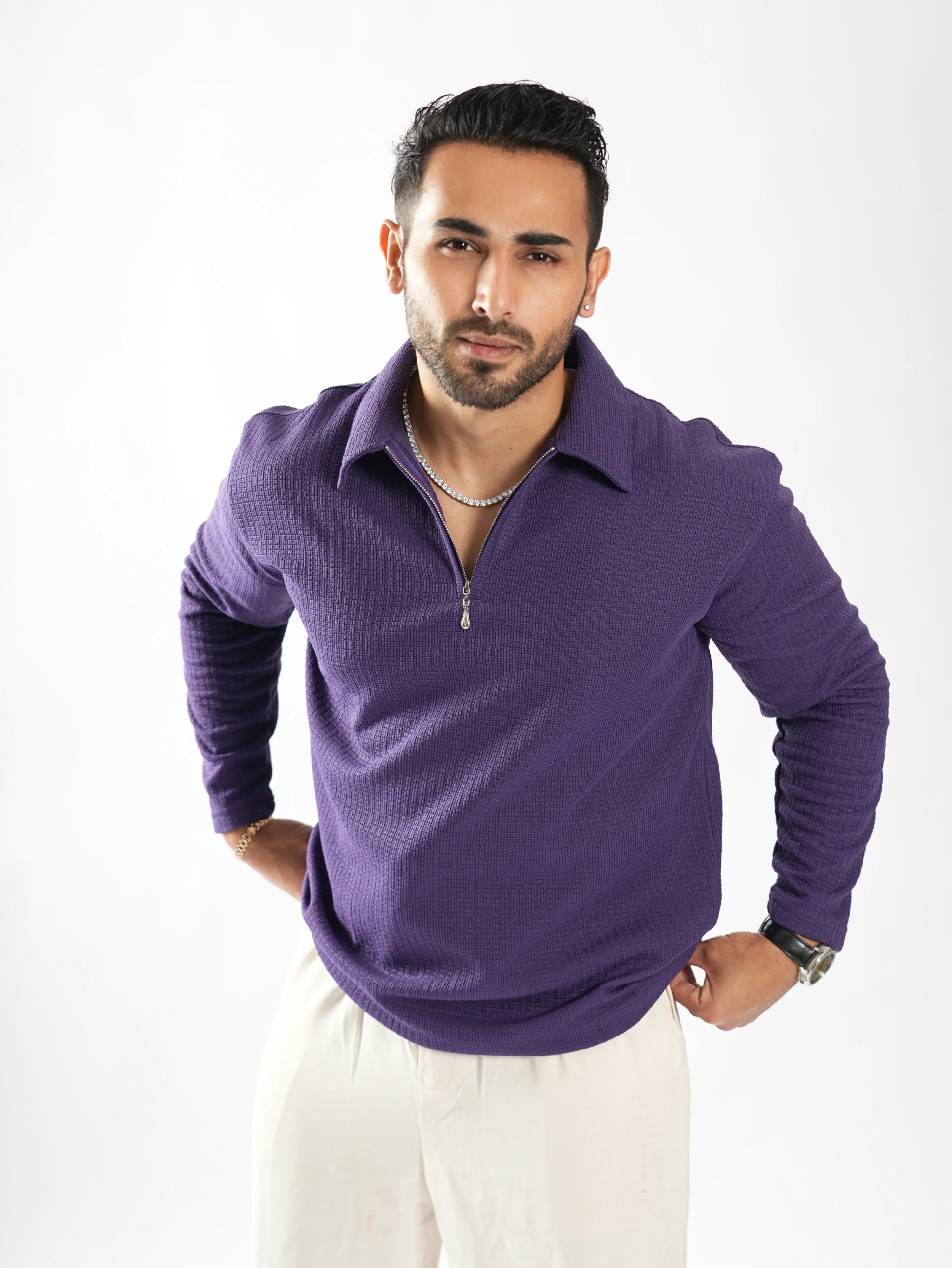 Riviera jacquard knitted Zipper Long sleeve Polo - Image 15