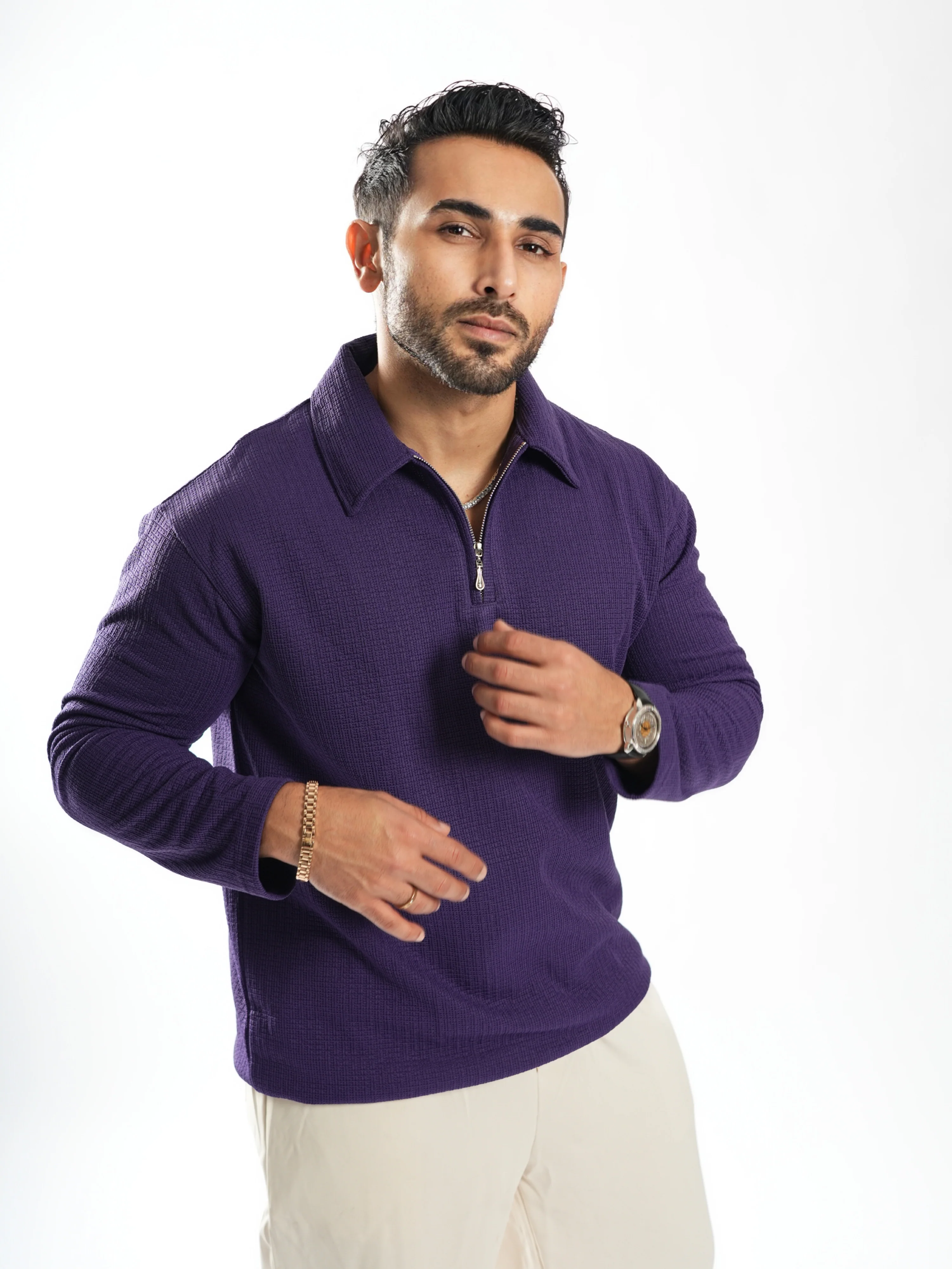 Riviera jacquard knitted Zipper Long sleeve Polo - Image 16