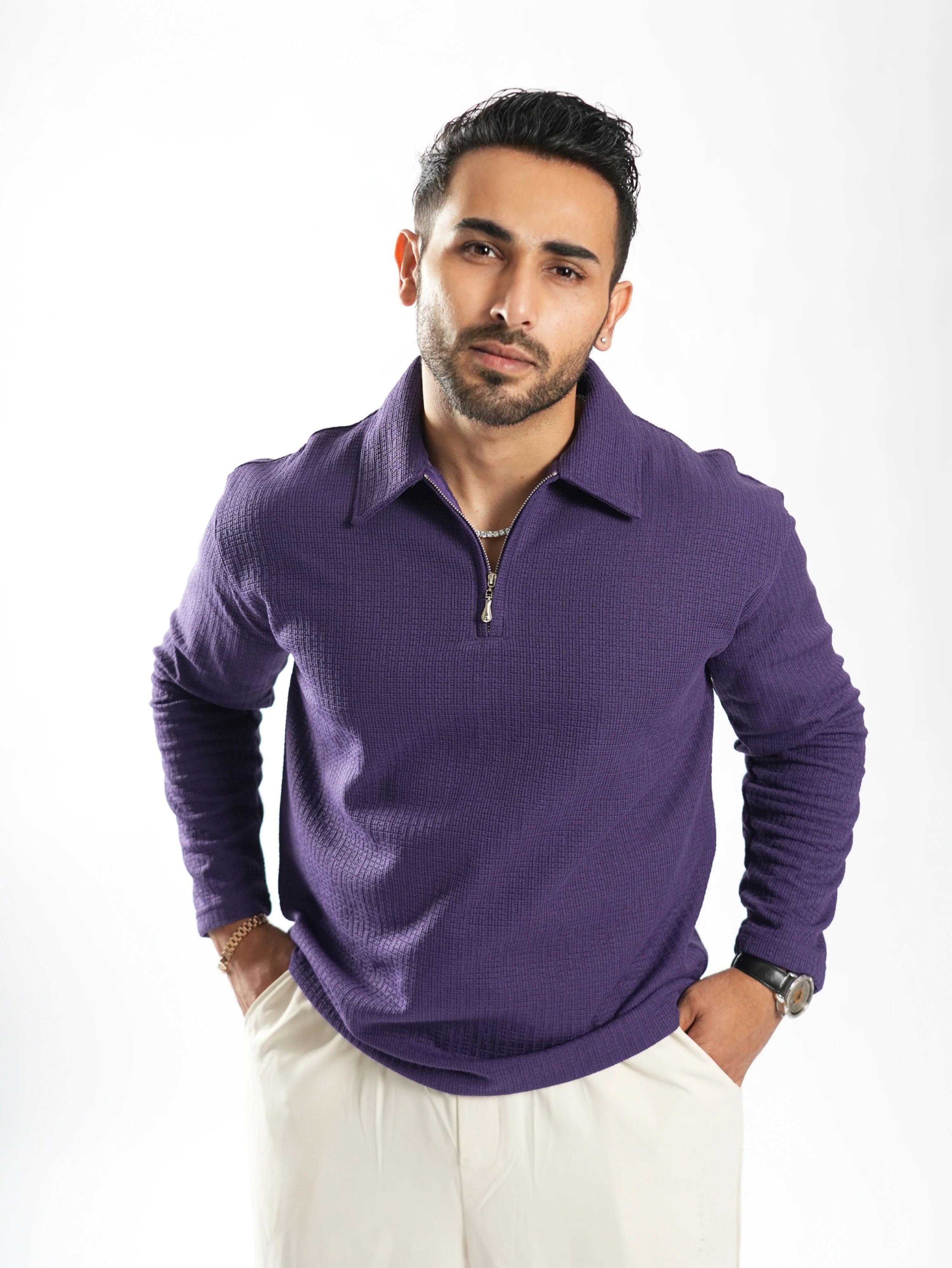 Riviera jacquard knitted Zipper Long sleeve Polo - Image 17