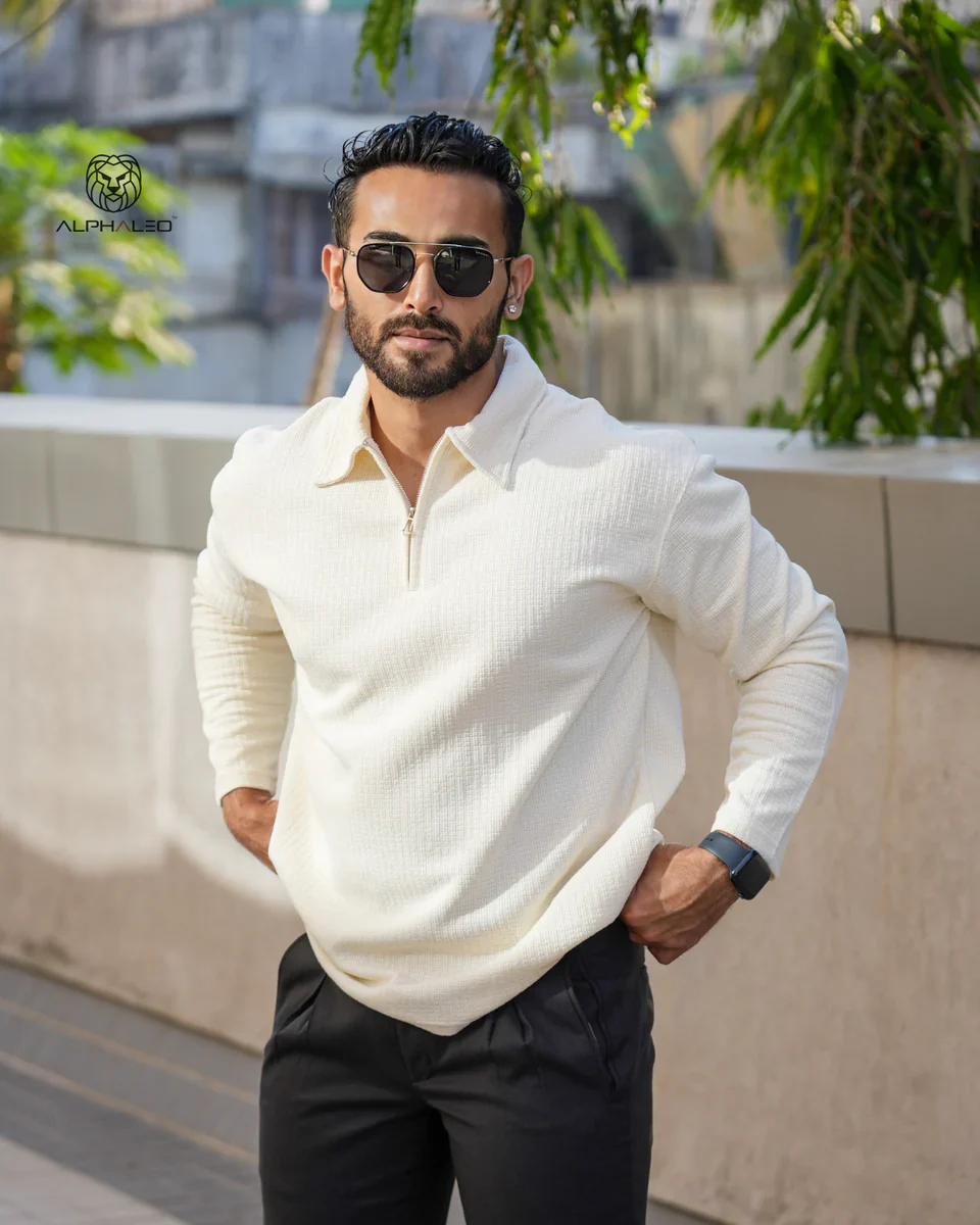 Riviera jacquard knitted Zipper Long sleeve Polo - Image 22