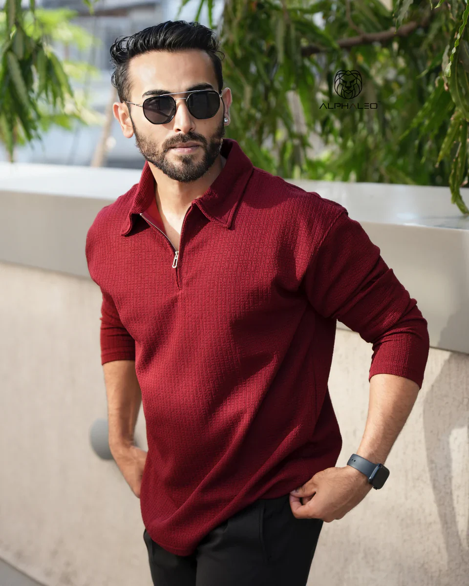 Riviera jacquard knitted Zipper Long sleeve Polo - Image 23