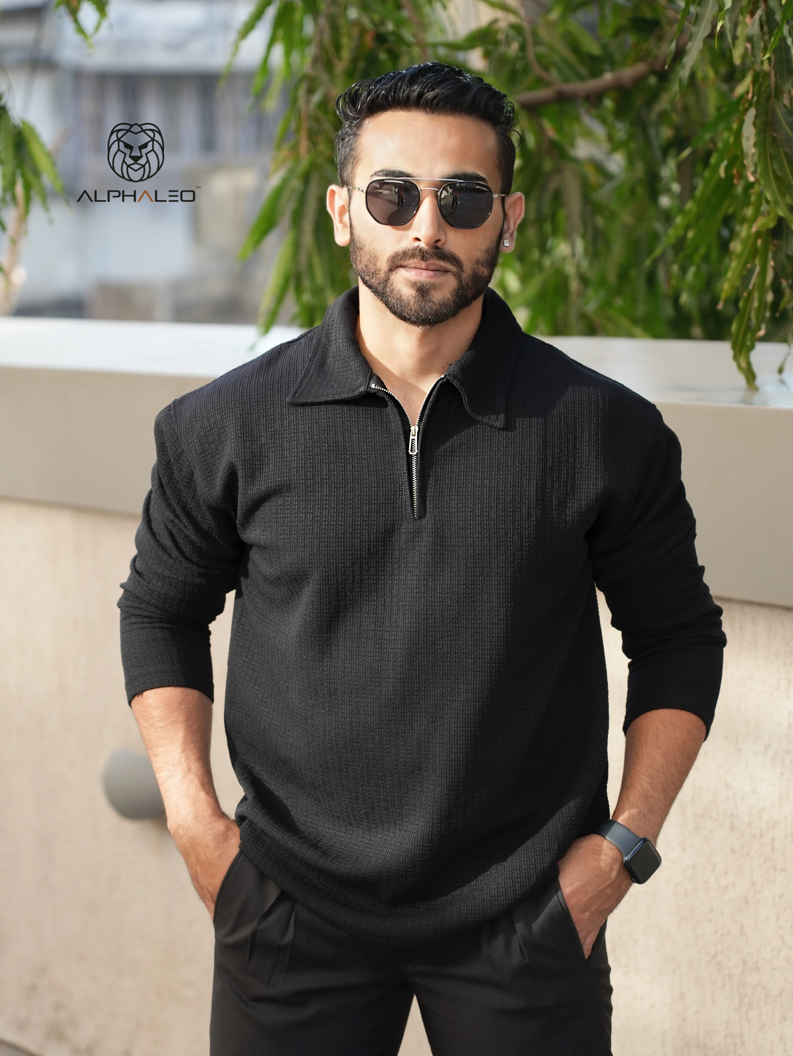 Riviera jacquard knitted Zipper Long sleeve Polo - Image 25