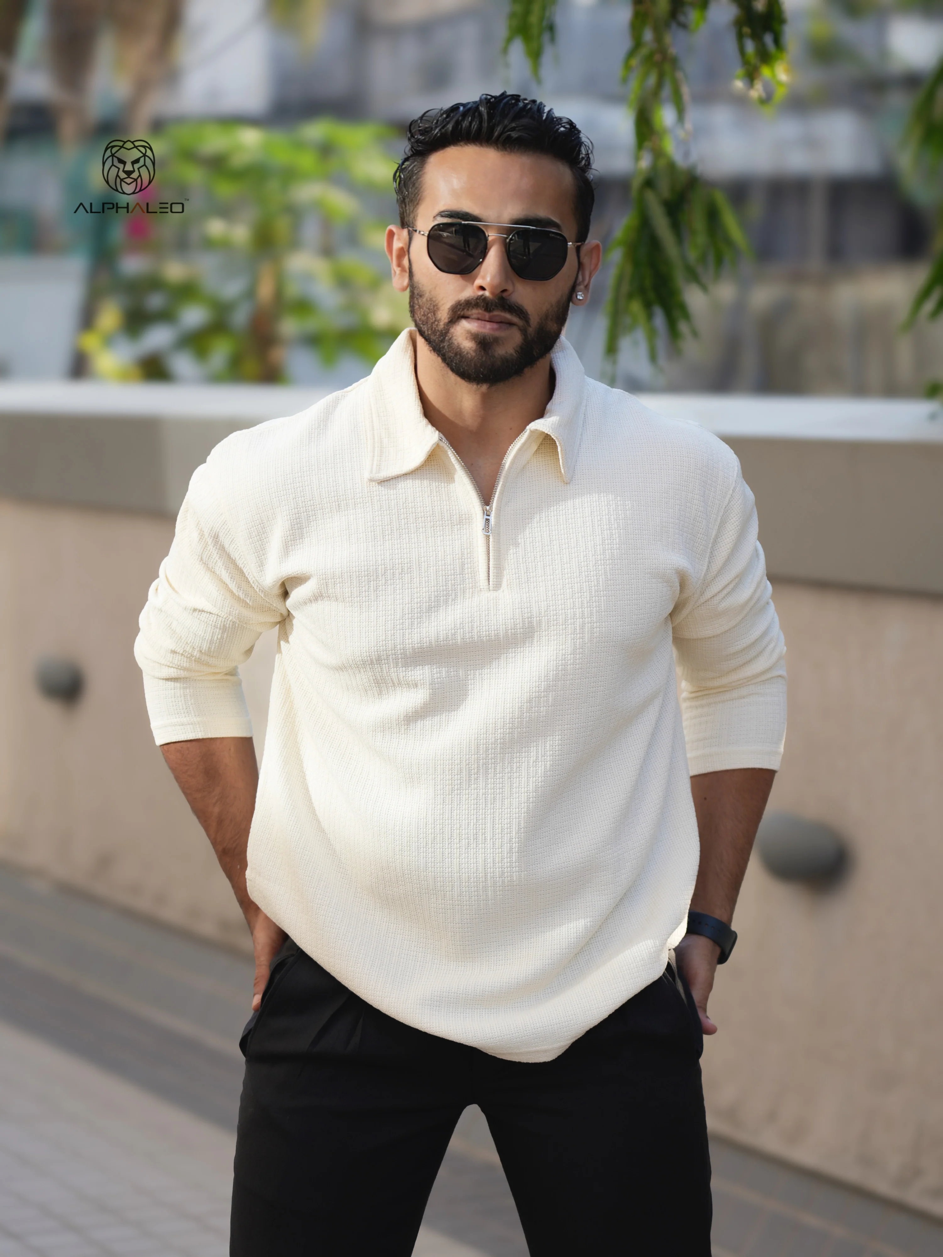 Riviera jacquard knitted Zipper Long sleeve Polo - Image 29