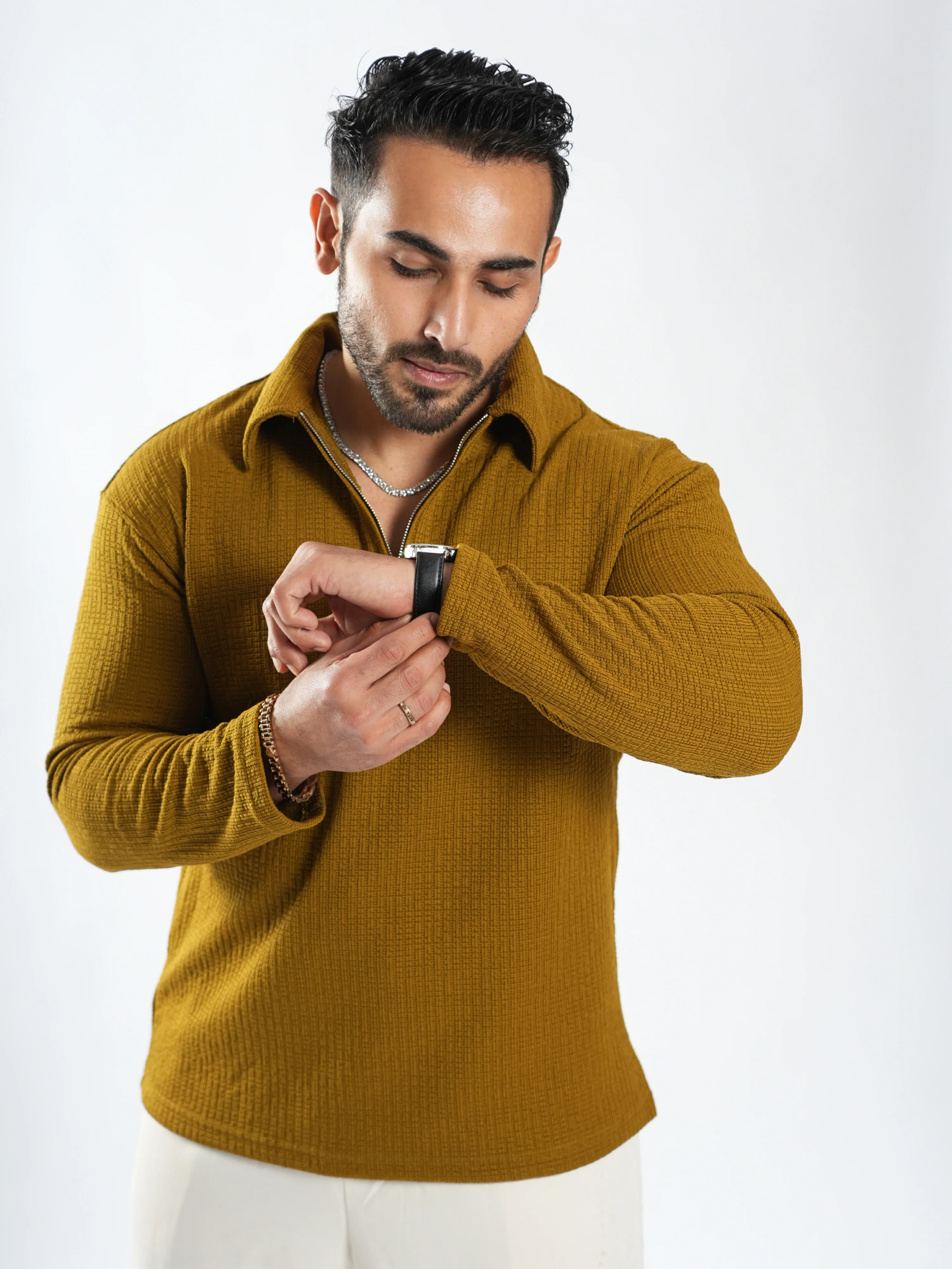Riviera jacquard knitted Zipper Long sleeve Polo - Image 3