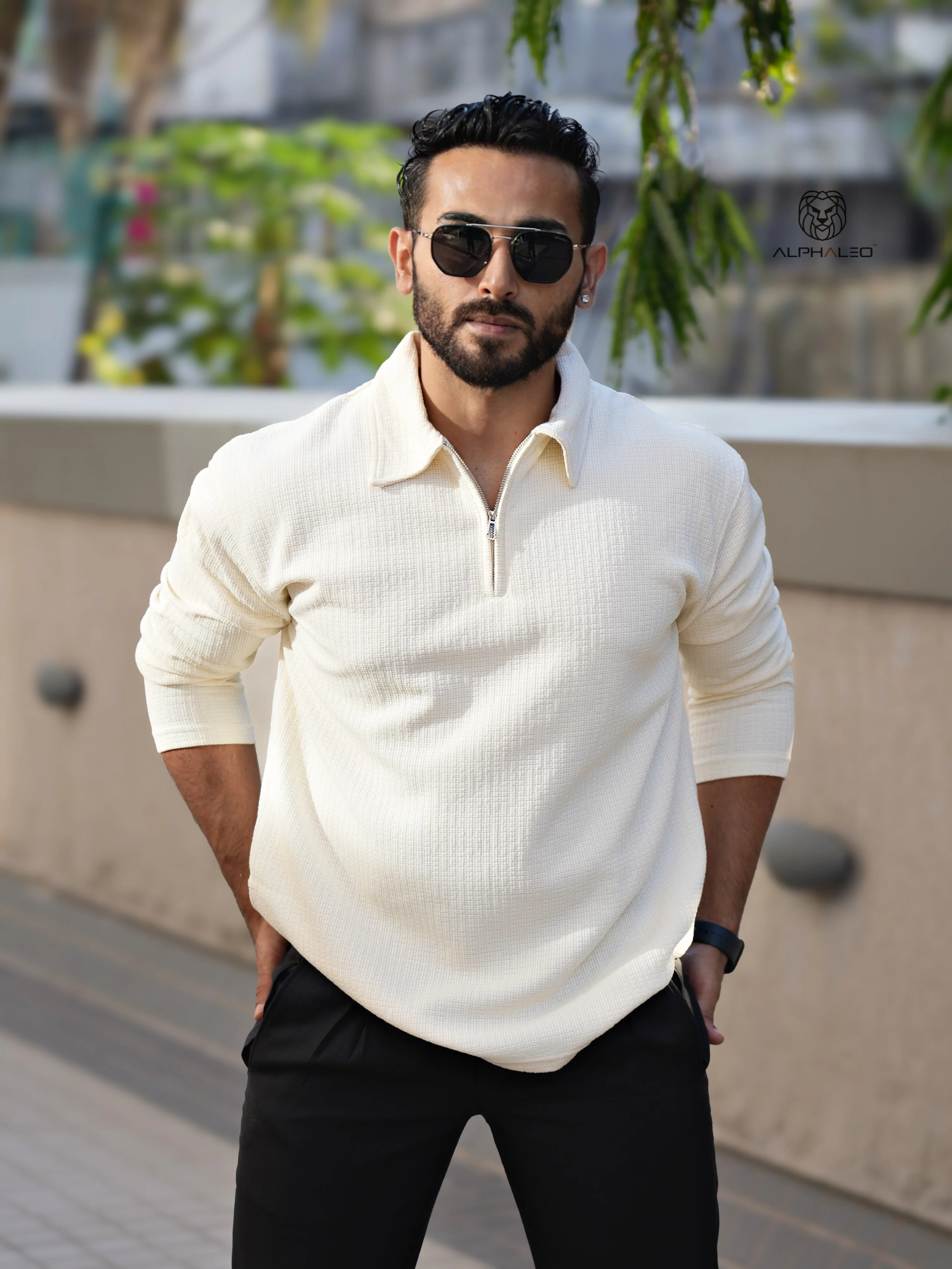 Riviera jacquard knitted Zipper Long sleeve Polo - Image 30