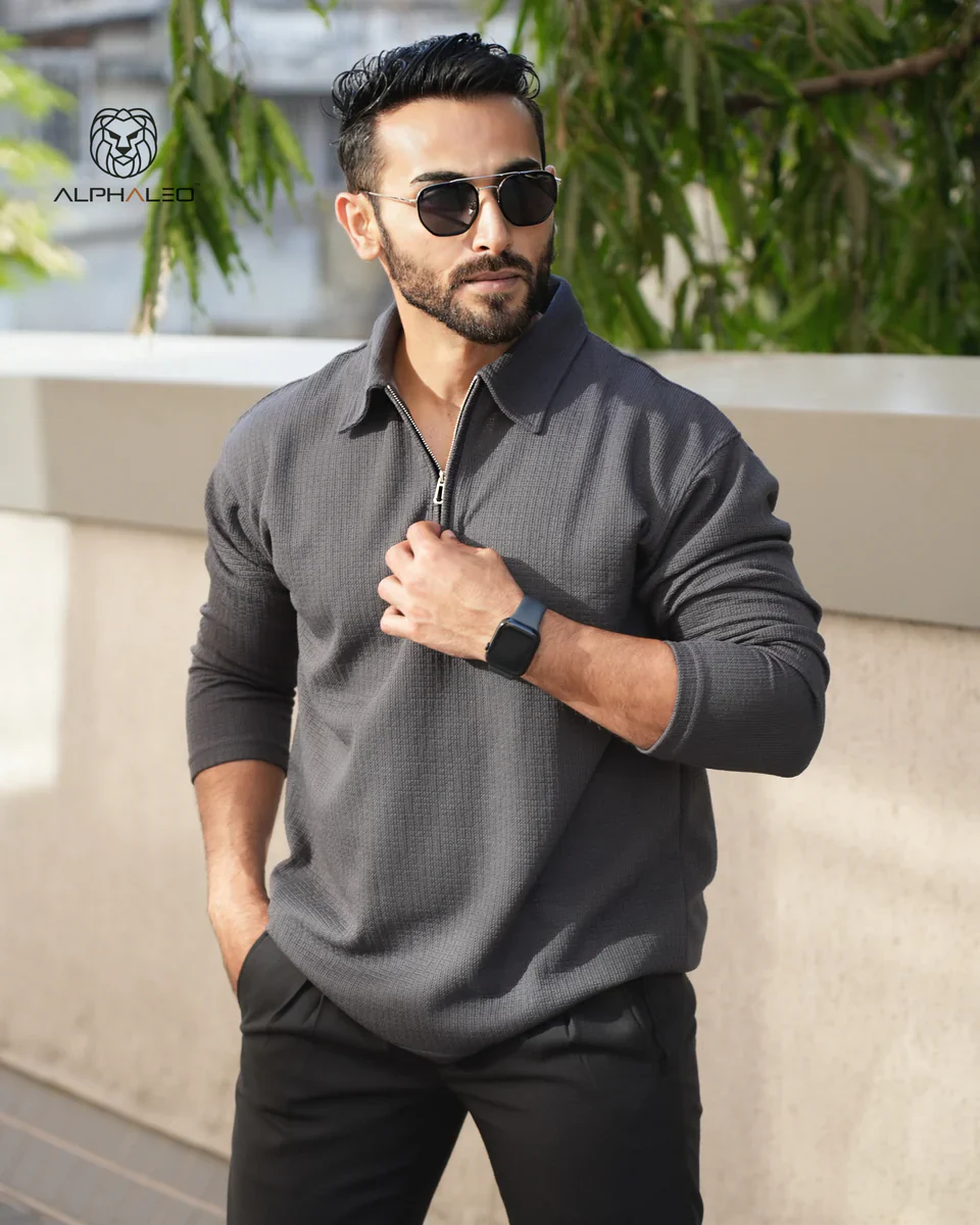 Riviera jacquard knitted Zipper Long sleeve Polo - Image 5