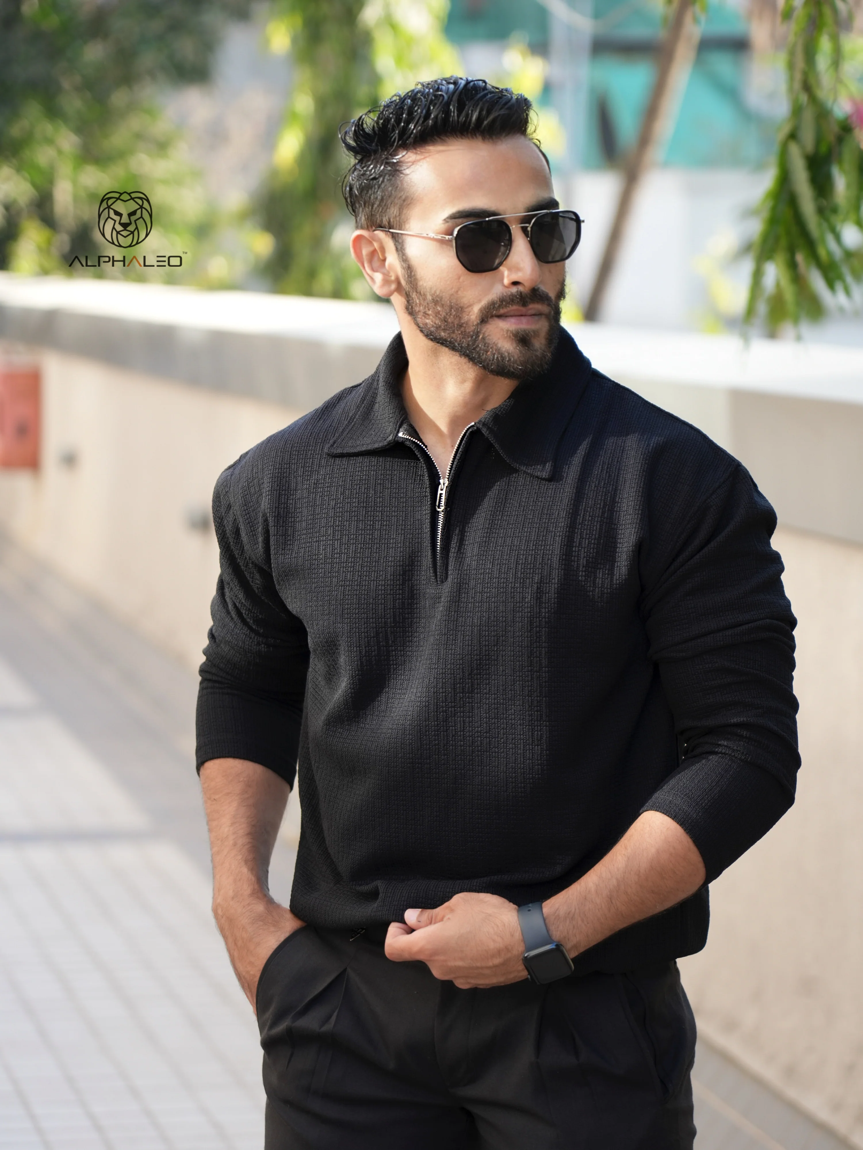 Riviera jacquard knitted Zipper Long sleeve Polo - Image 6