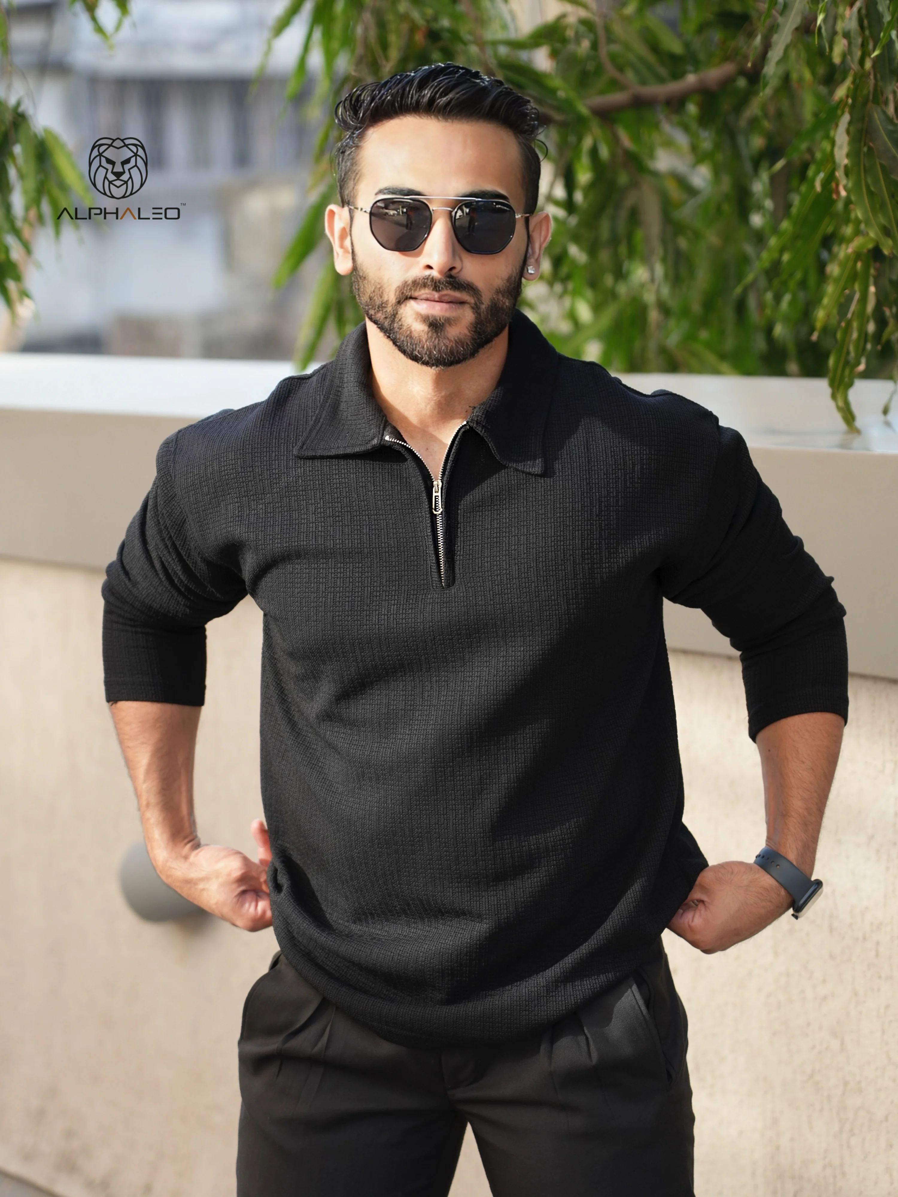Riviera jacquard knitted Zipper Long sleeve Polo - Image 7