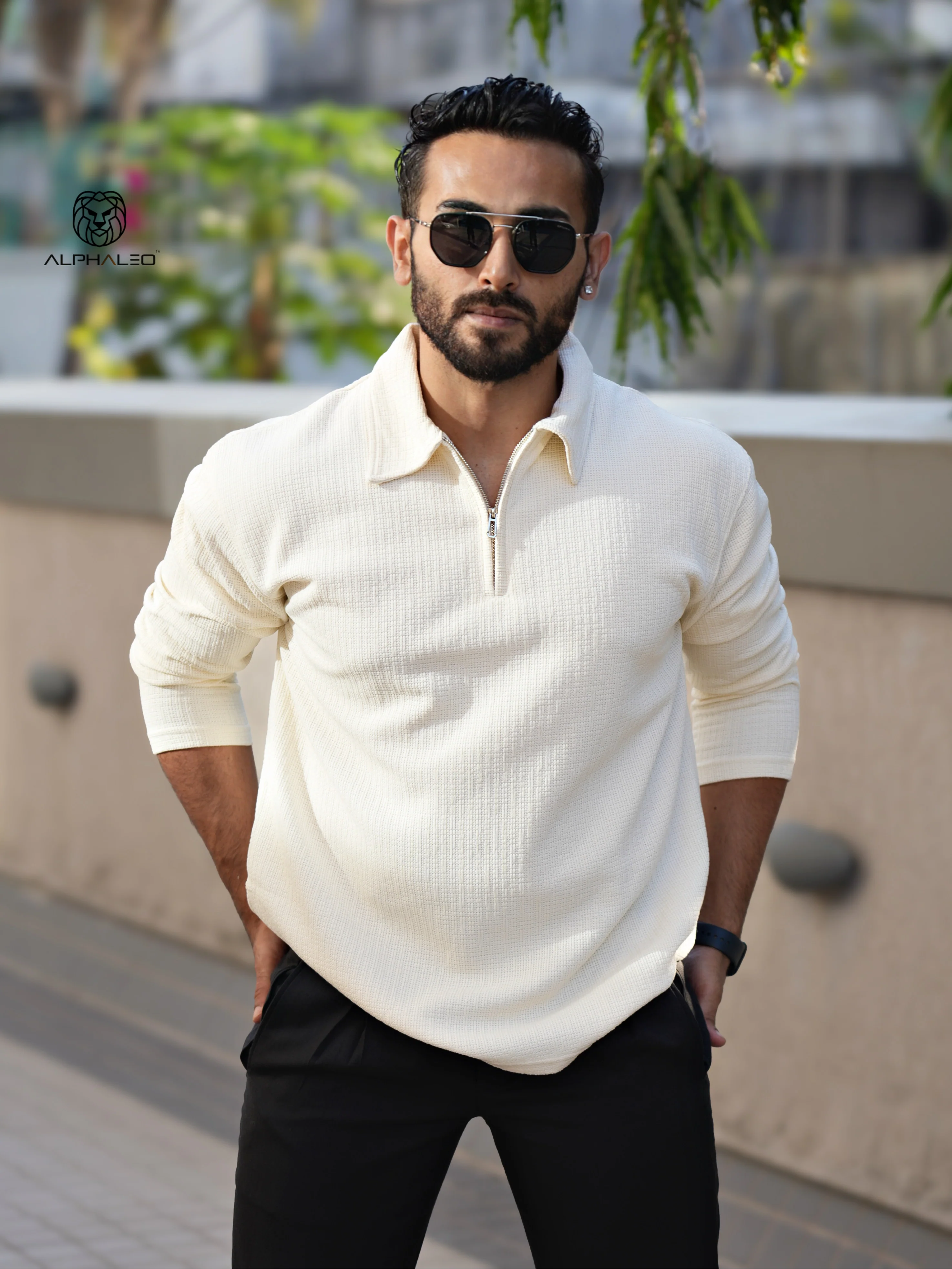 Riviera jacquard knitted Zipper Long sleeve Polo - Image 8