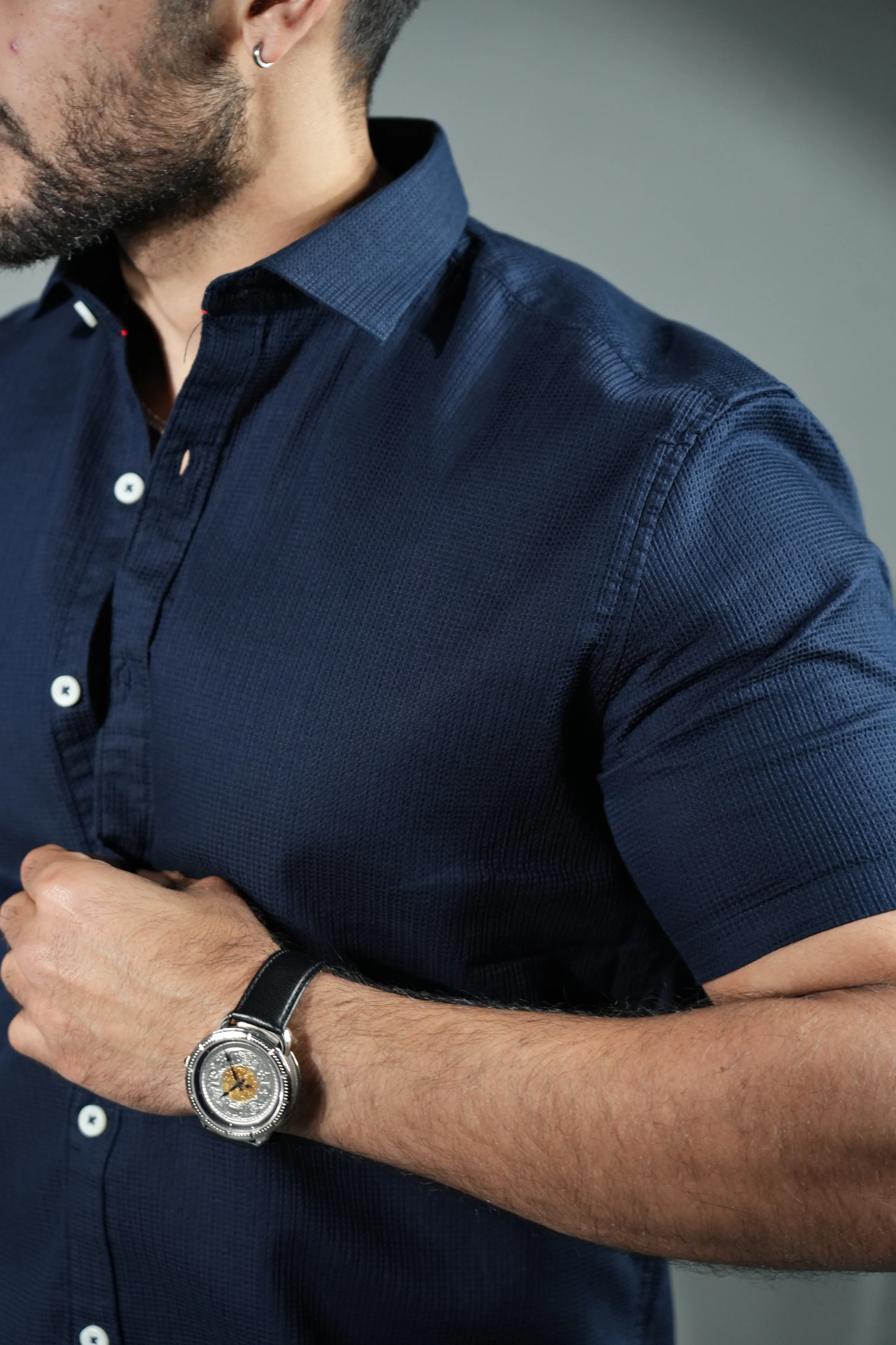 Signature Half Sleeves Stretch Shirt Navy Blue - Image 3