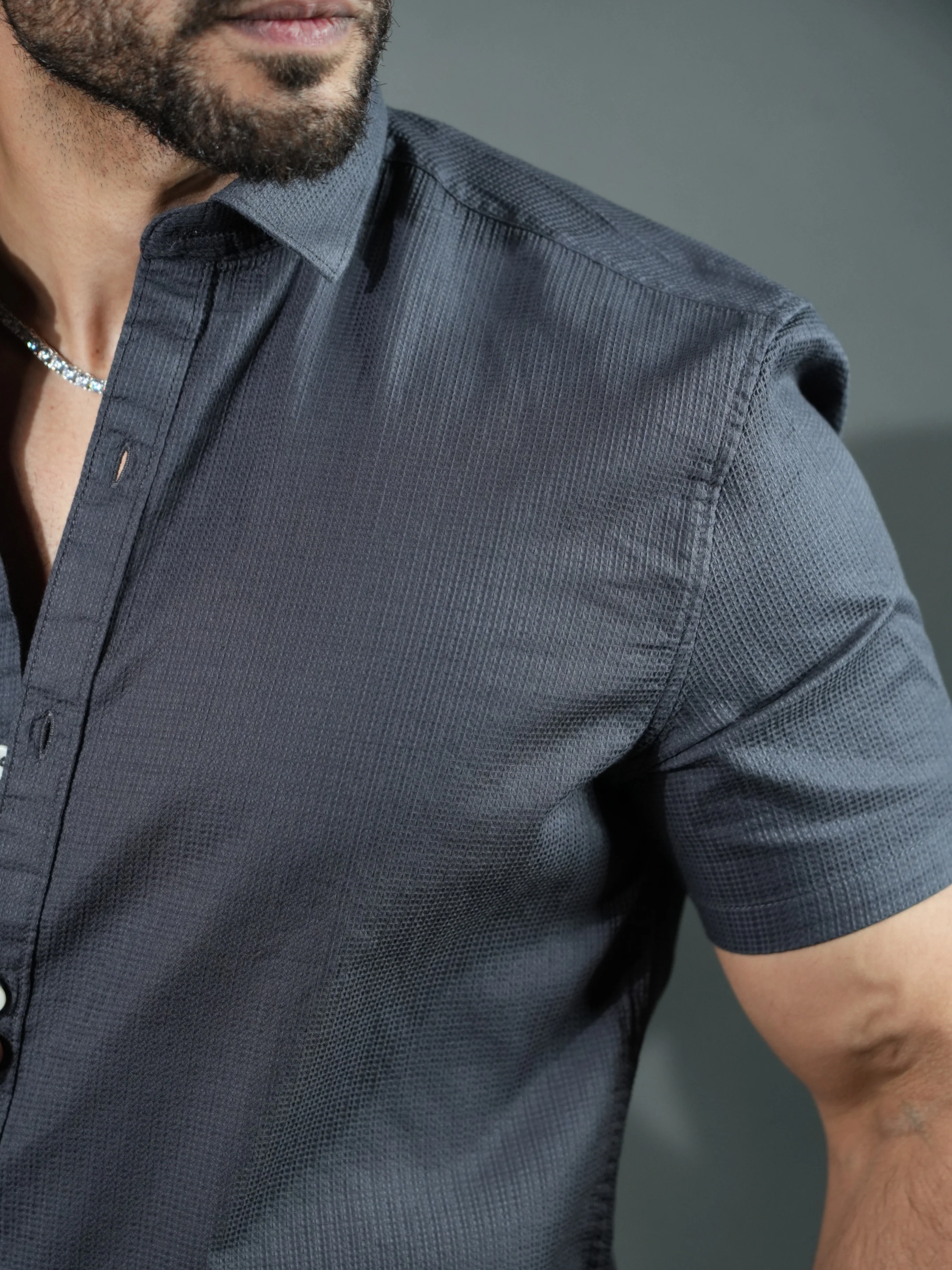 Signature Half Sleeves Tapered Stretch Shirt Dark Grey - Image 3